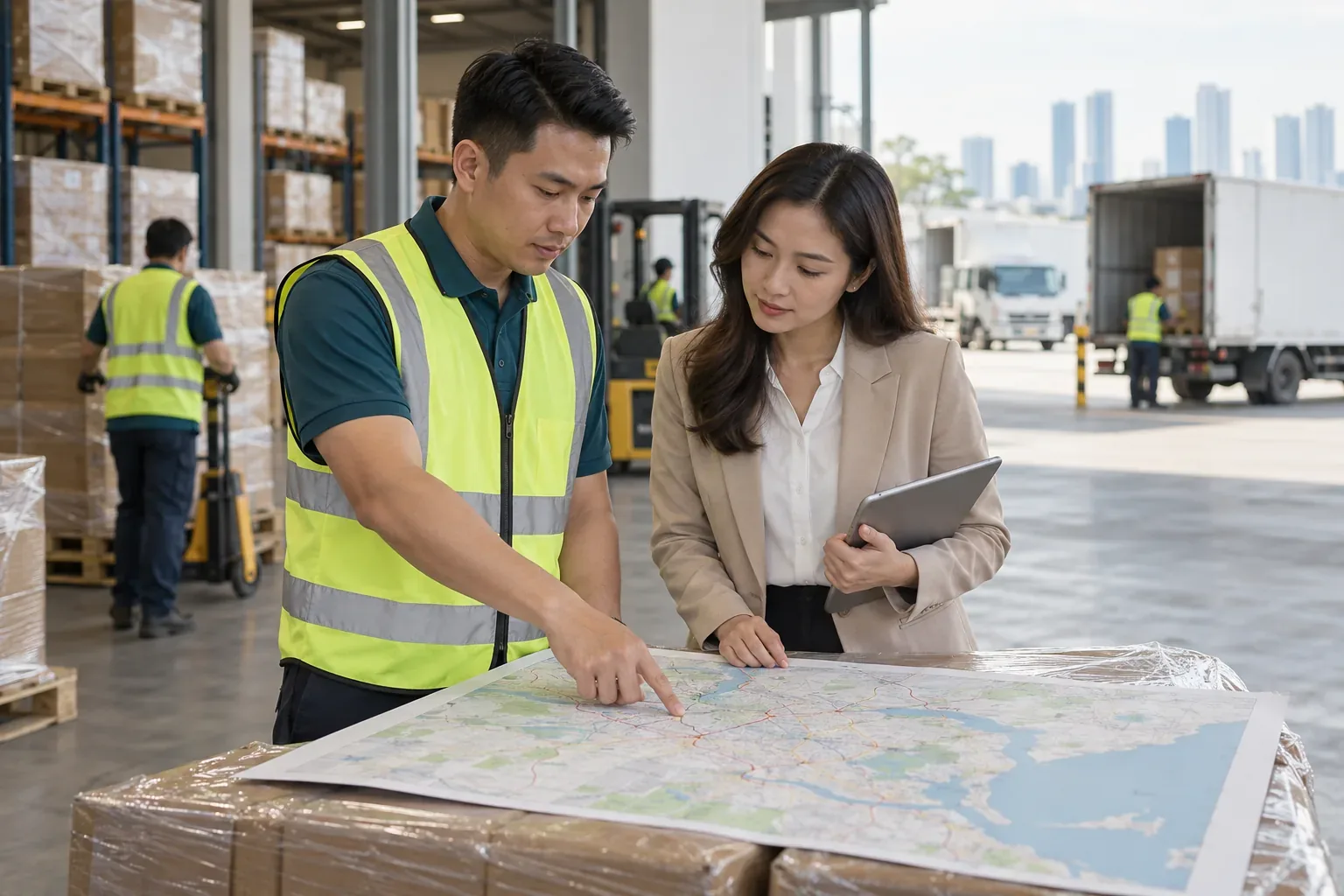 Nhân sự logistics và khách doanh nghiệp rà tuyến vận chuyển tại kho
