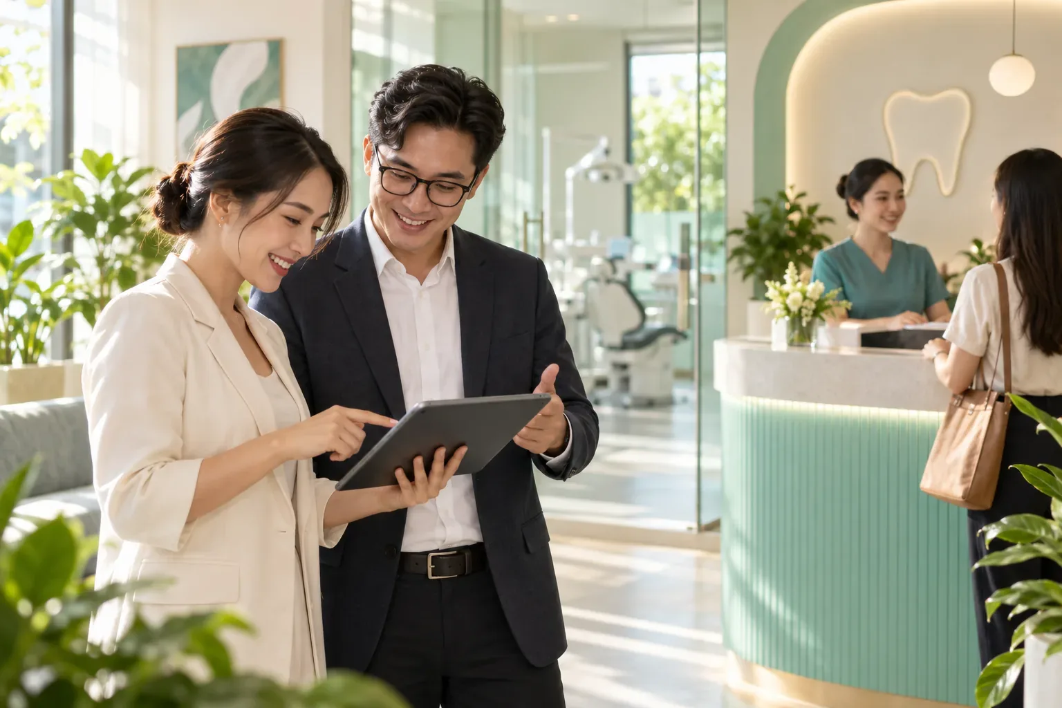 Nhân sự Lumie cùng quản lý phòng khám nha khoa rà kế hoạch truyền thông và lịch tiếp nhận