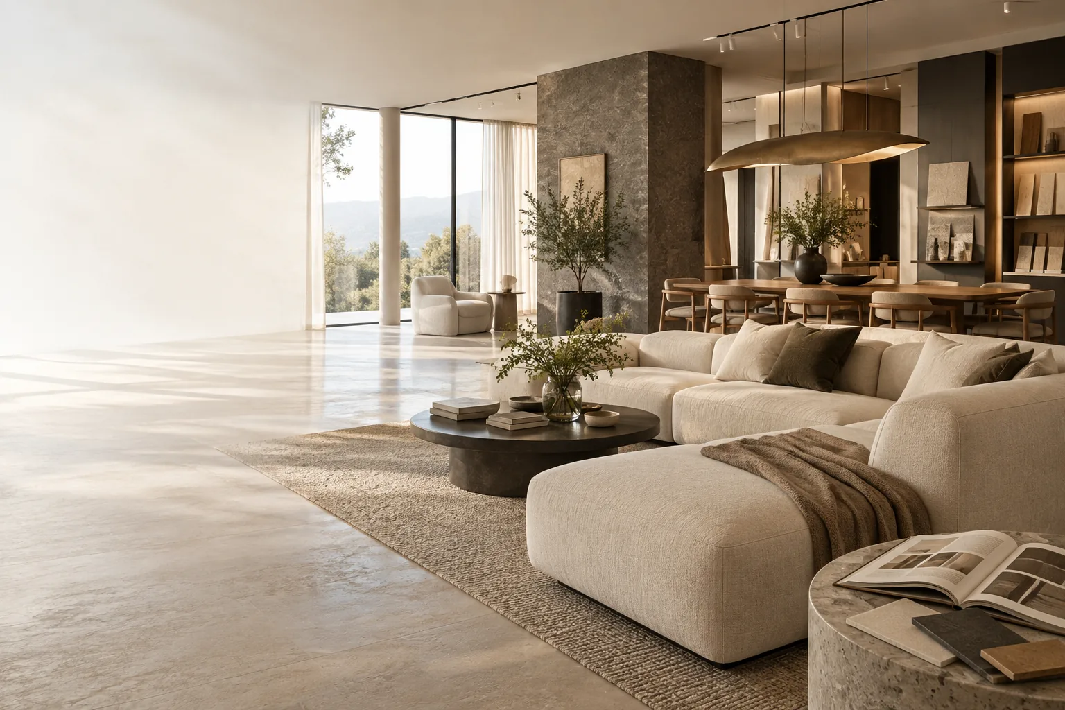 Không gian nội thất với sofa, bàn ăn và vật liệu minh họa cho marketing showroom và thiết kế