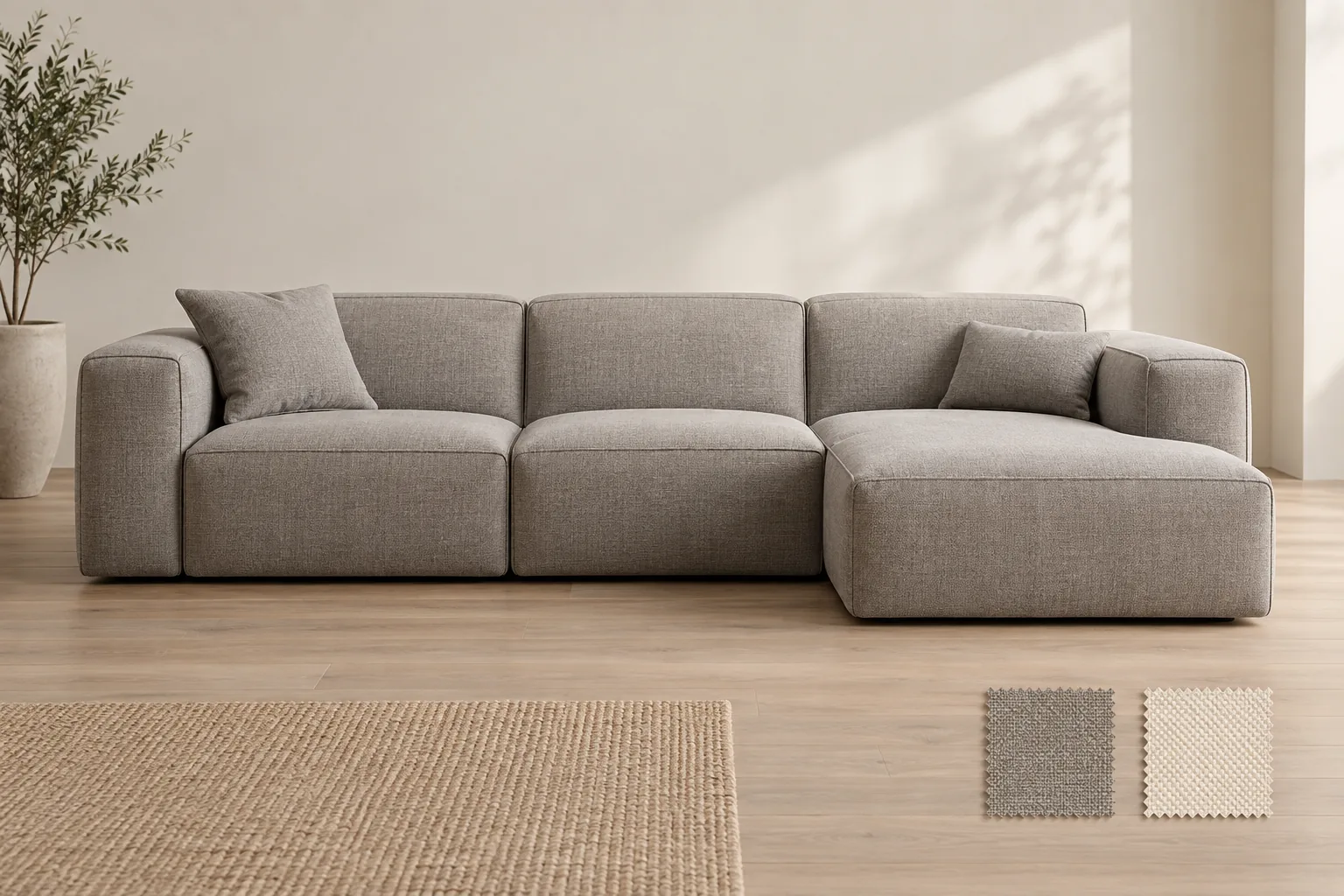 Sofa vải dạng module và mẫu chất liệu, ảnh minh họa thẻ sản phẩm nội thất