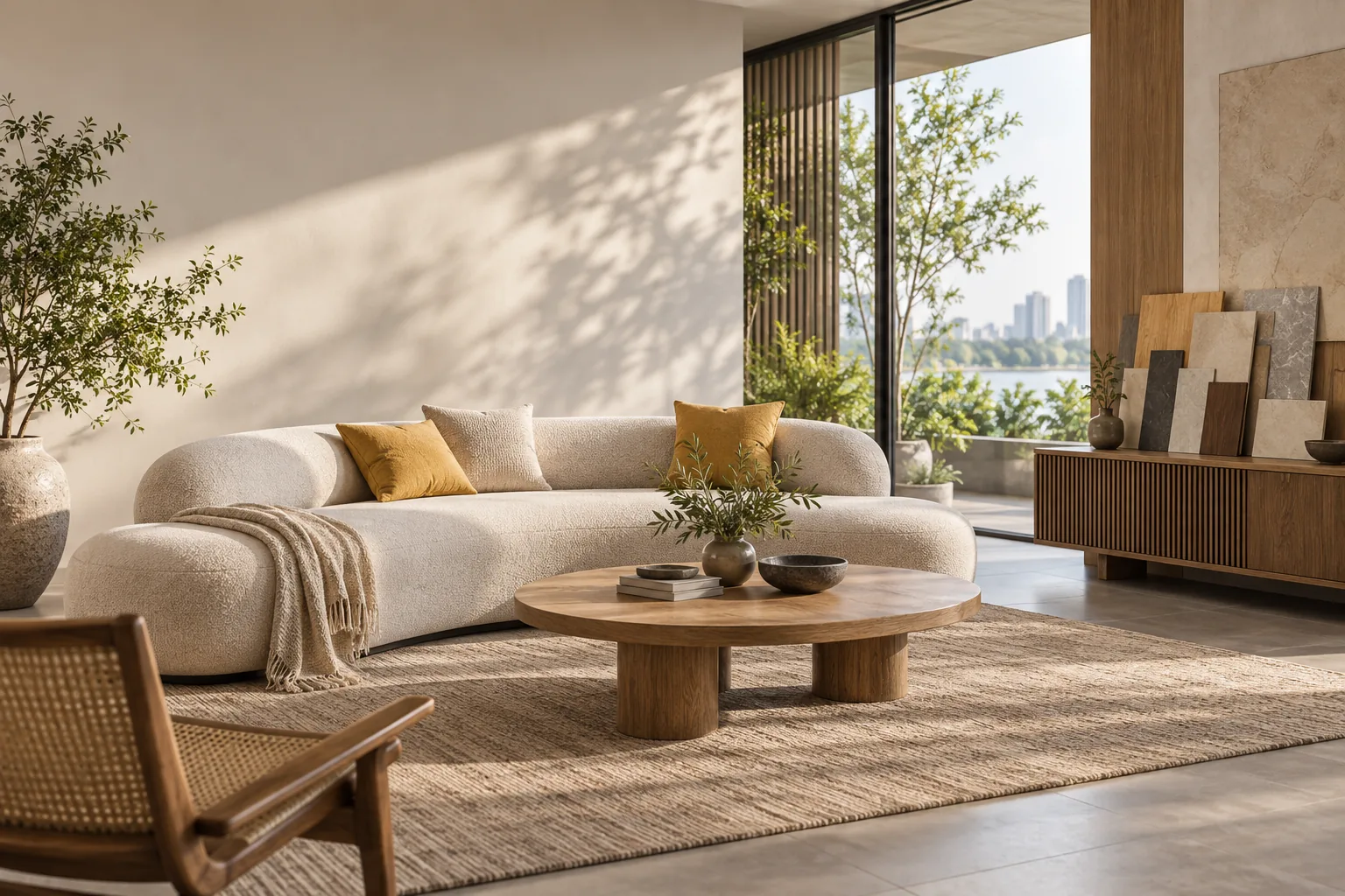 Phòng khách showroom với sofa và bảng vật liệu, ảnh minh họa sáng tạo quảng cáo Facebook nội thất