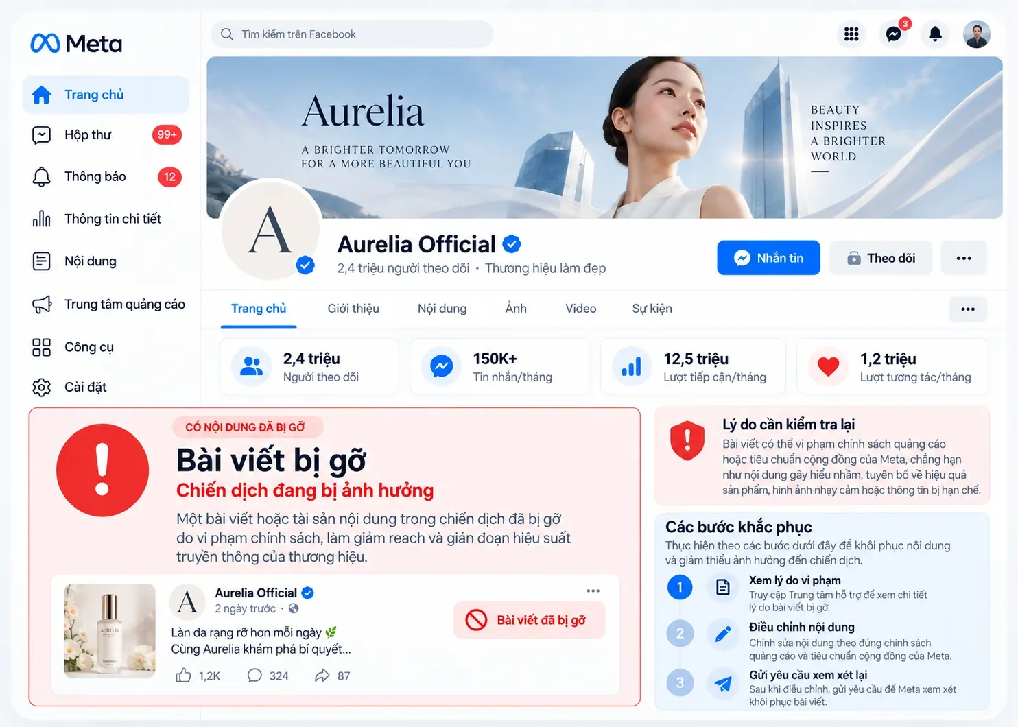 Ảnh minh họa bài viết trên Fanpage bị gỡ và chiến dịch truyền thông bị ảnh hưởng