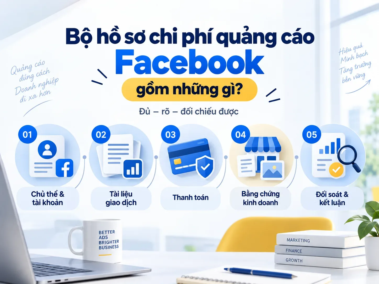 Năm nhóm hồ sơ chi phí quảng cáo Facebook gồm chủ thể, tài liệu, thanh toán, bằng chứng kinh doanh và đối soát