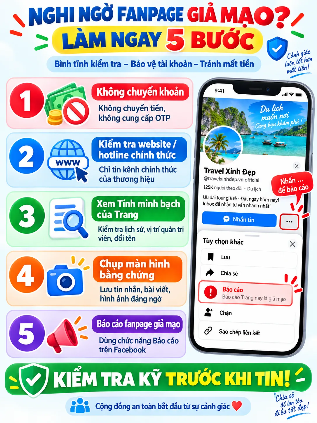 Năm việc cần làm khi nghi ngờ Fanpage giả mạo gồm dừng chuyển khoản, xác minh, lưu bằng chứng và báo cáo