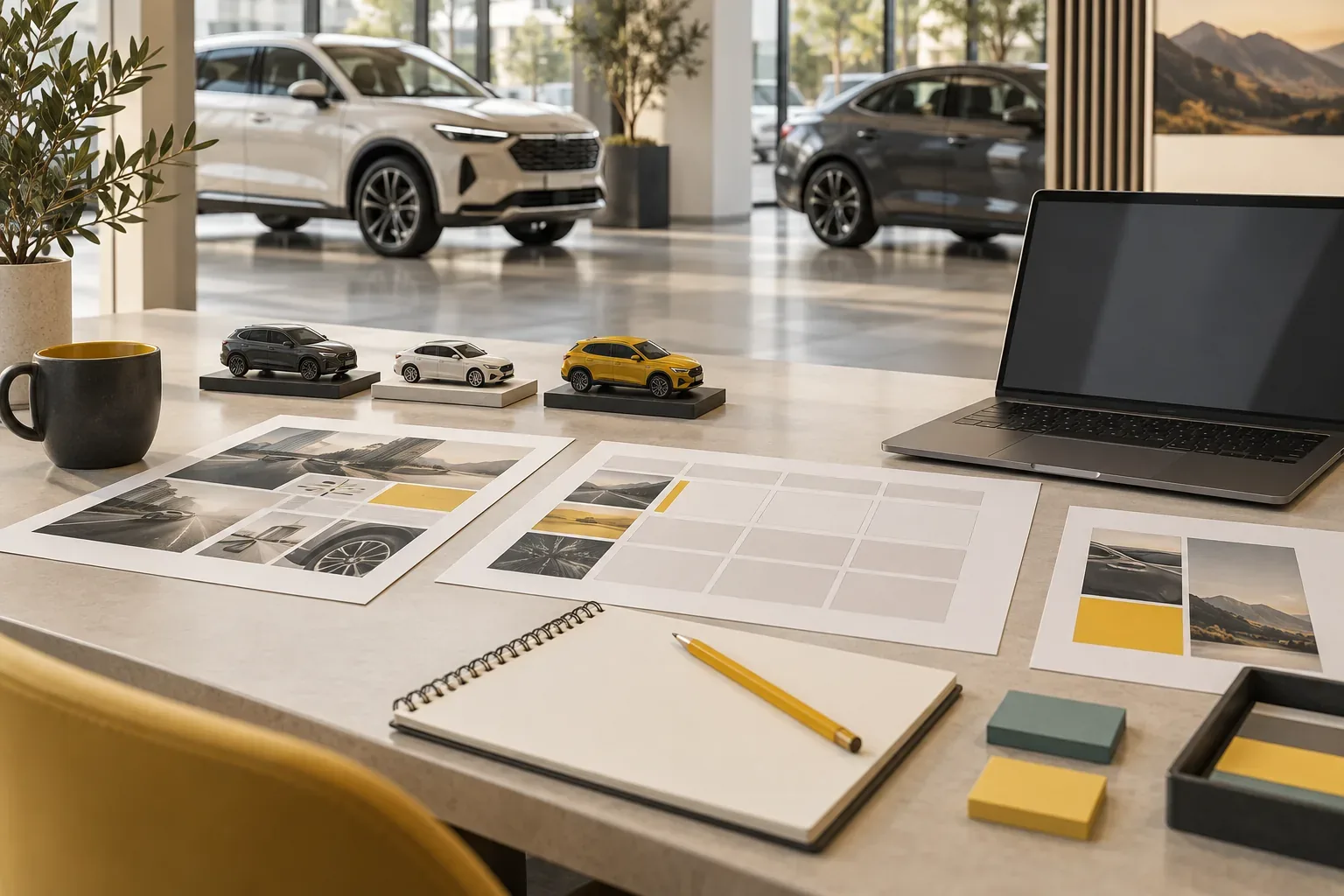 Bàn kế hoạch với mô hình xe minh họa việc tách phạm vi dịch vụ marketing ô tô