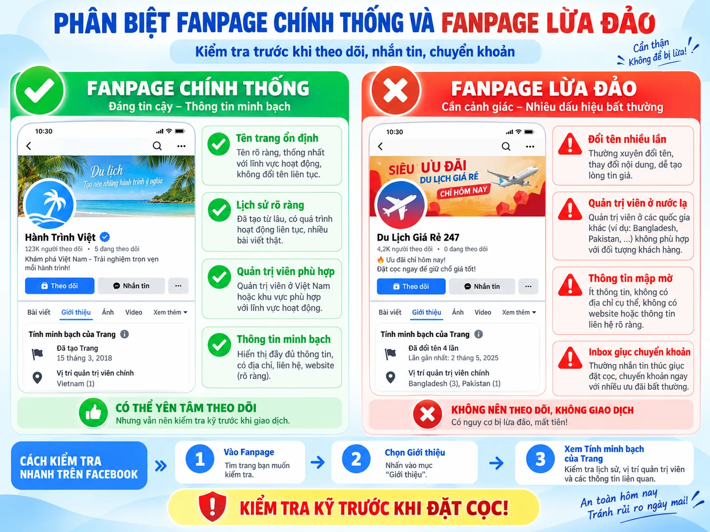 Bảng đối chiếu các tín hiệu cần kiểm tra giữa Fanpage chính thống và Fanpage có dấu hiệu lừa đảo