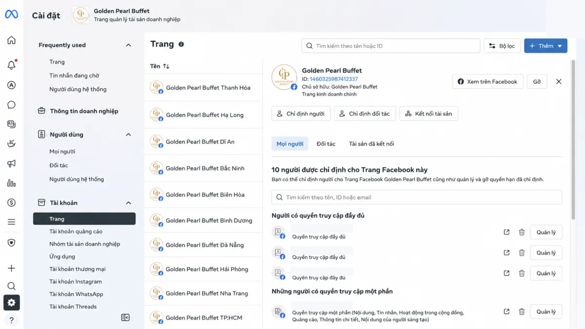 Màn hình phân biệt quyền truy cập đầy đủ và quyền truy cập một phần trên Fanpage