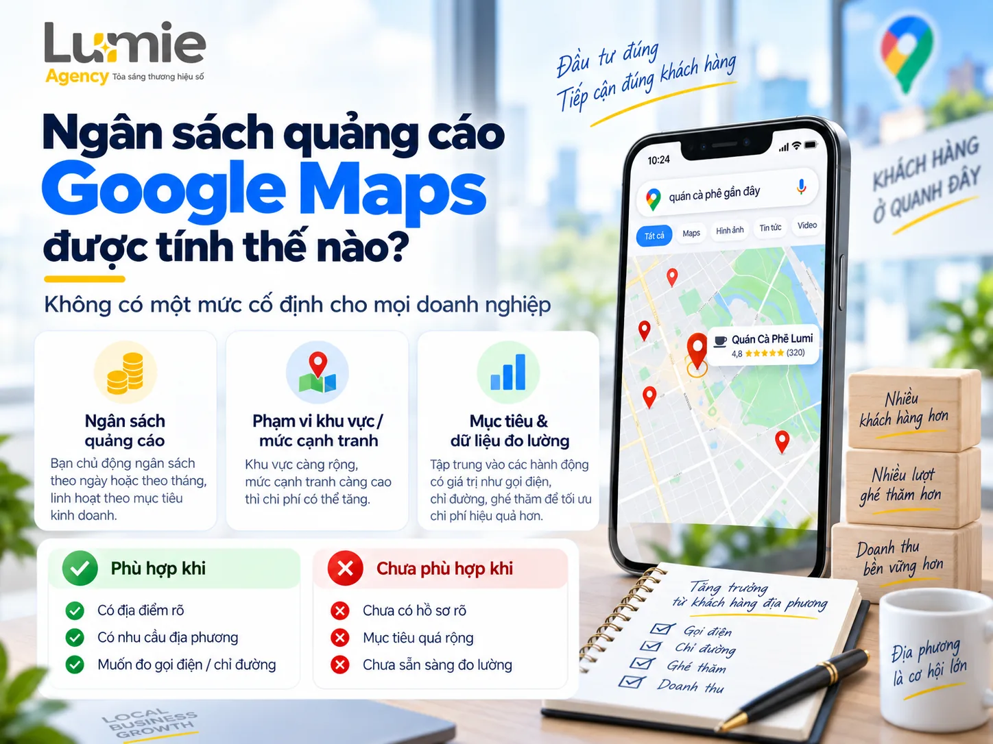 Minh họa các yếu tố ảnh hưởng đến ngân sách quảng cáo Google Maps gồm ngân sách, khu vực cạnh tranh, mục tiêu và đo lường
