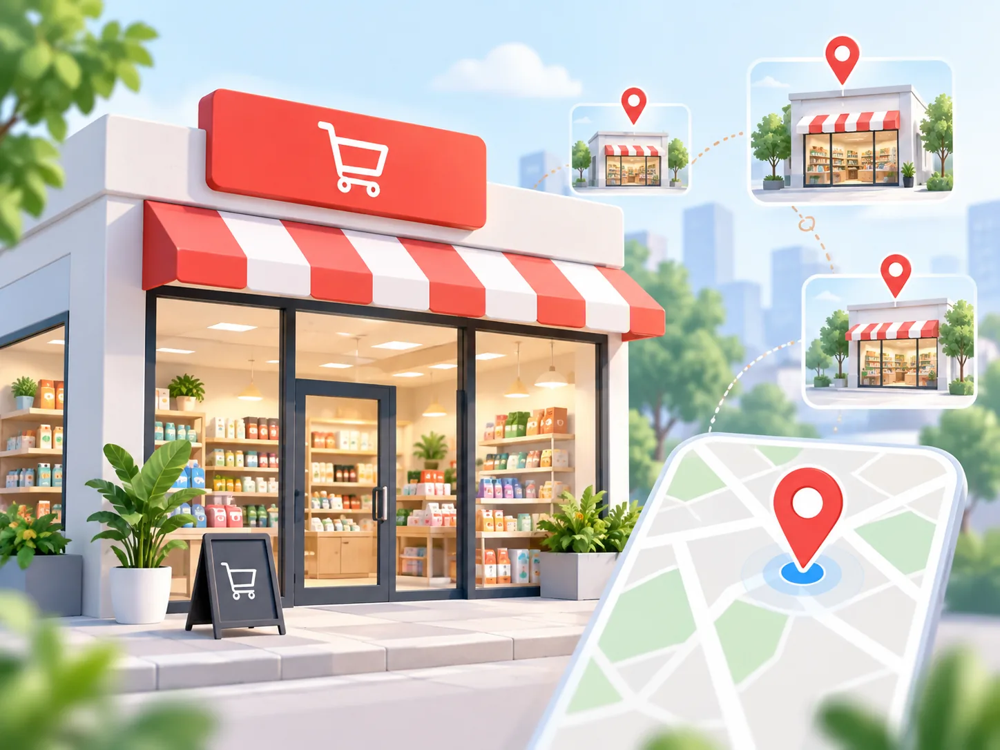 Minh họa cửa hàng và chuỗi điểm bán được kết nối theo vị trí trên Google Maps