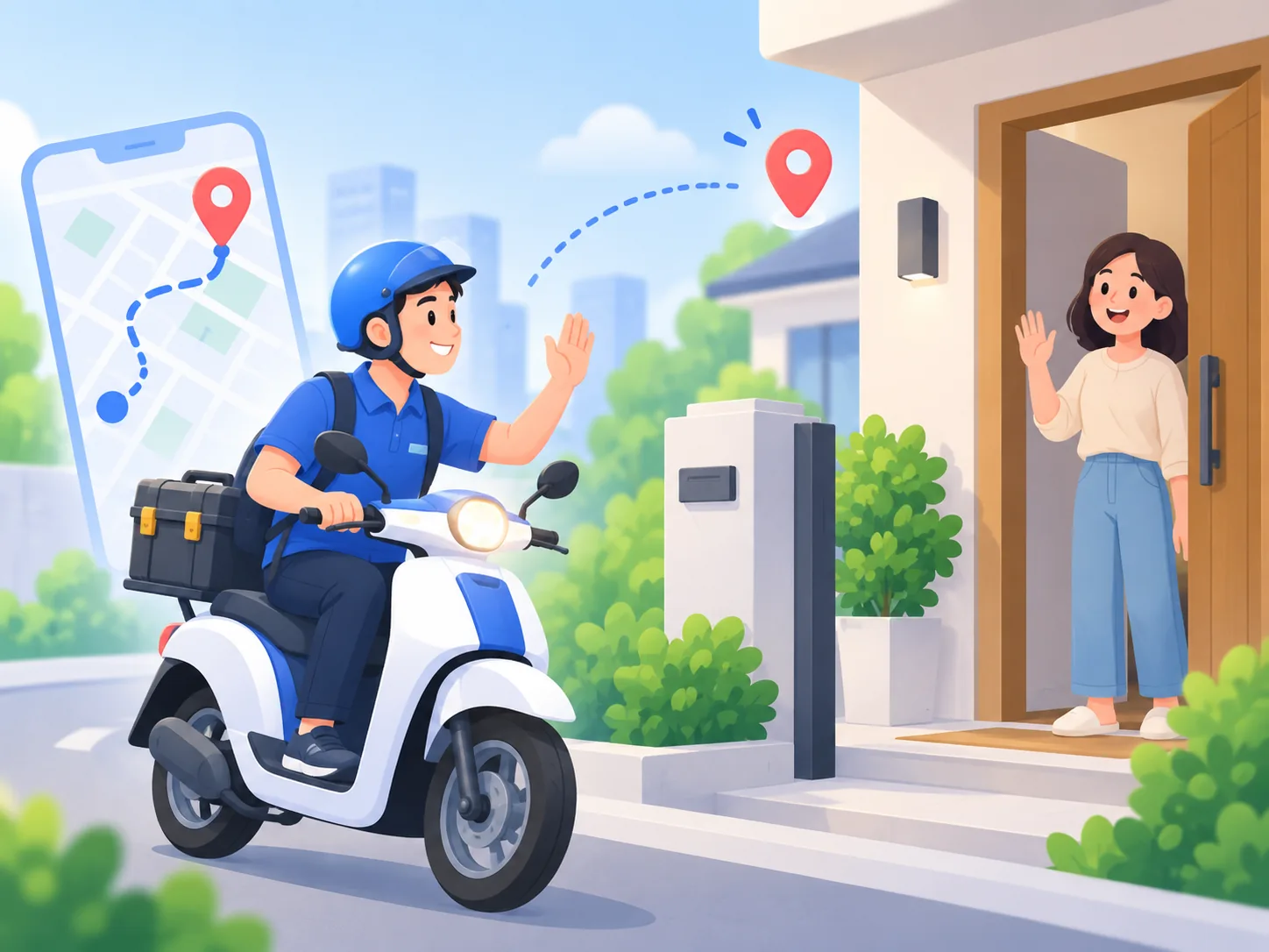 Minh họa dịch vụ tận nơi kết nối khách hàng trong khu vực phục vụ qua Google Maps