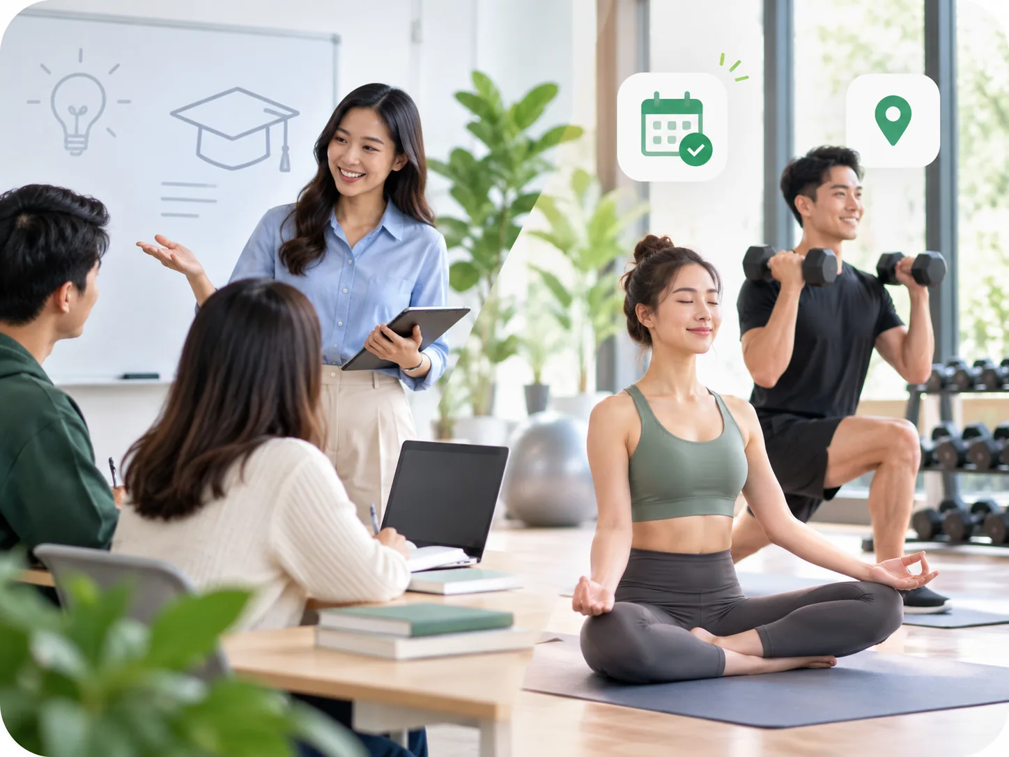 Minh họa cơ sở gym, yoga và giáo dục thu hút đăng ký theo vị trí