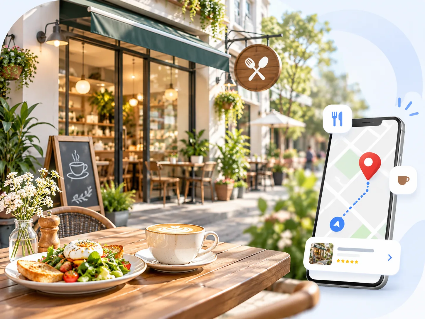 Minh họa nhà hàng và quán cà phê tiếp cận khách hàng qua Google Maps