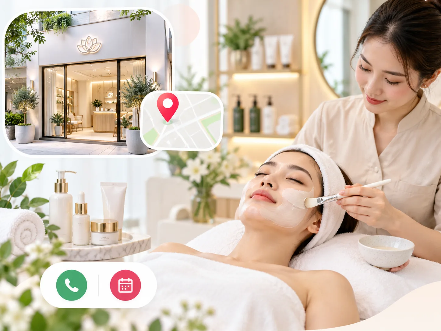 Minh họa spa và thẩm mỹ viện nhận cuộc gọi, đặt lịch từ Google Maps