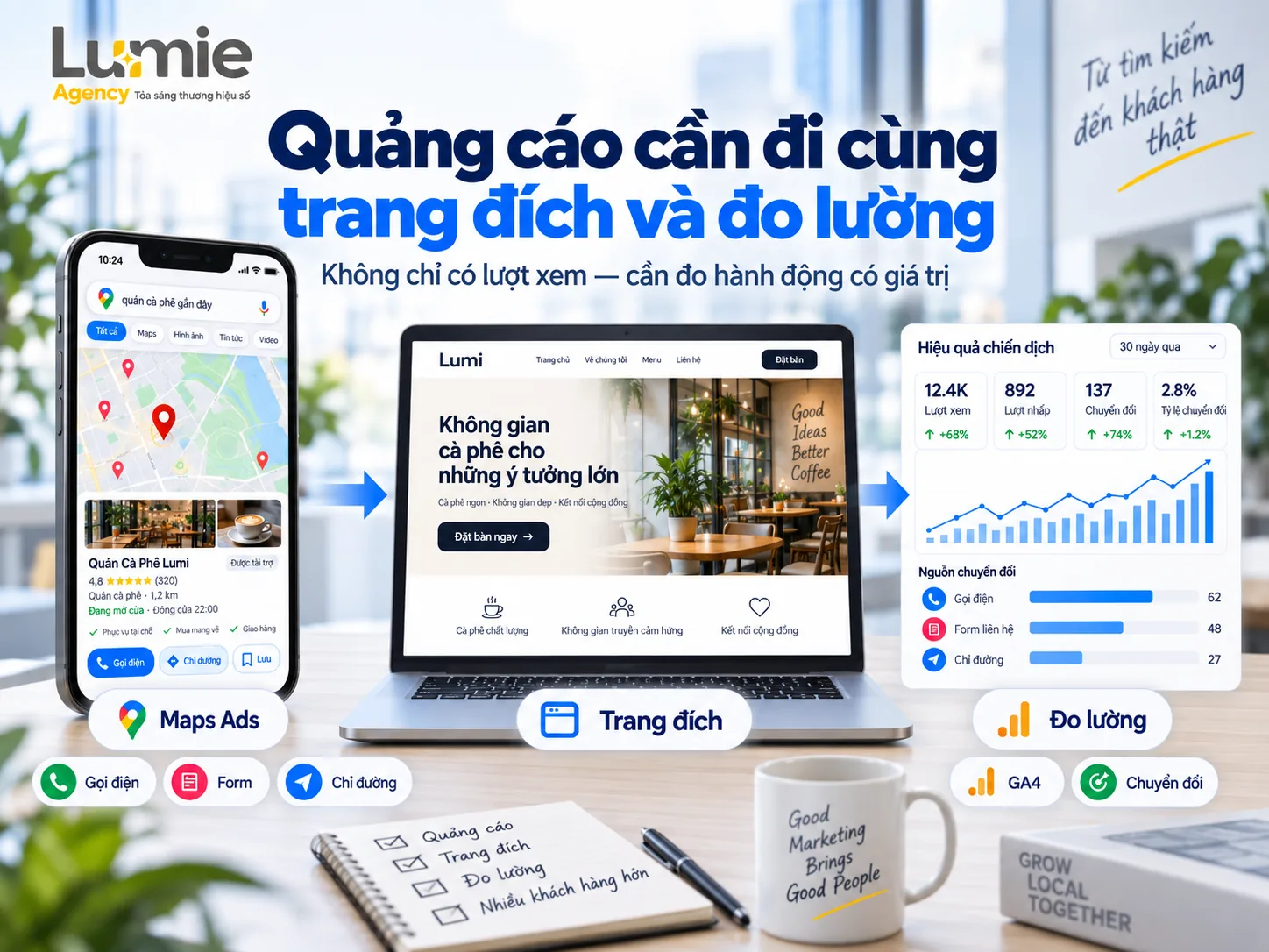 Minh họa quảng cáo Google Maps kết nối trang đích và hệ thống đo lường cuộc gọi, biểu mẫu, chỉ đường