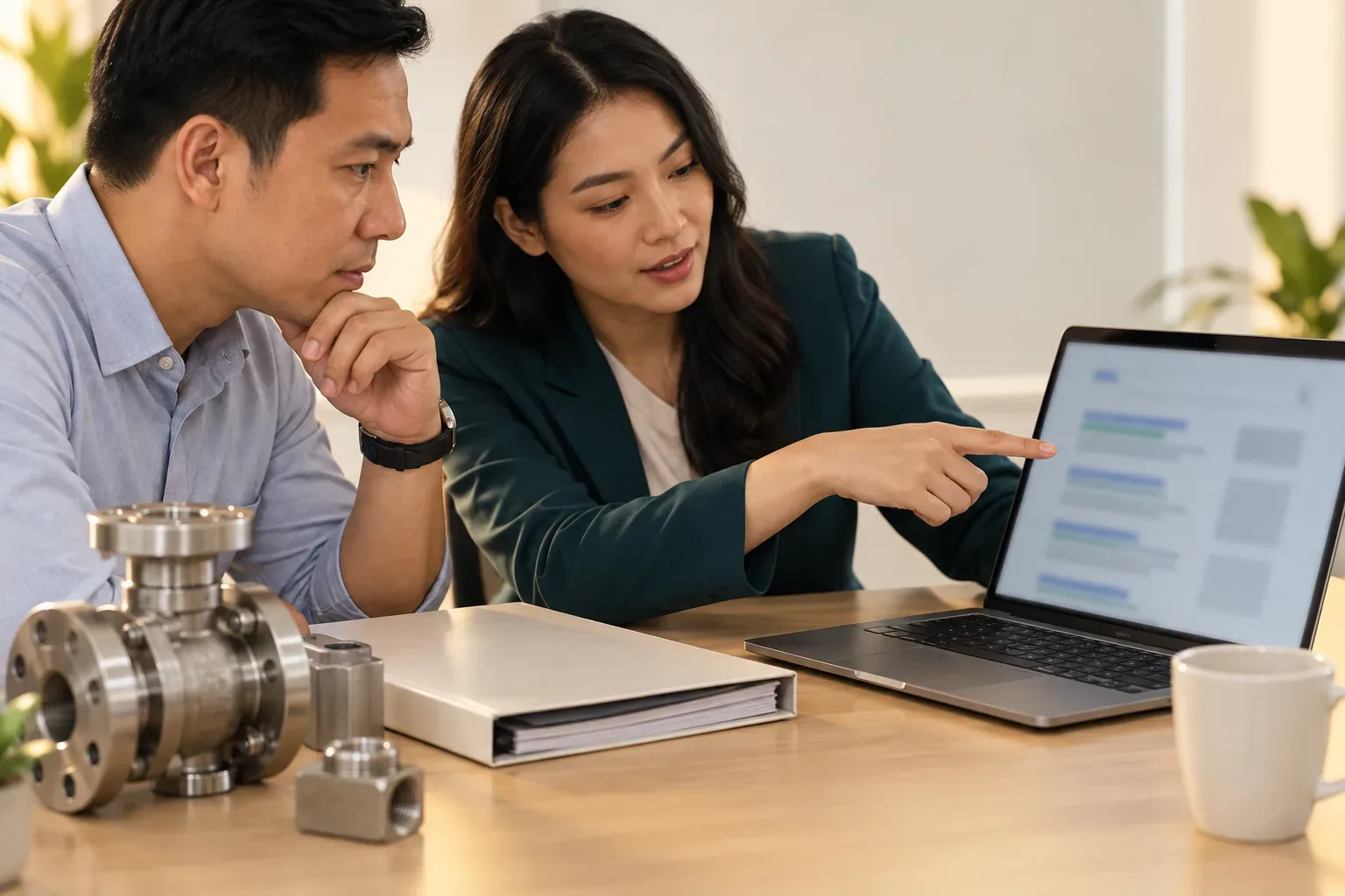 Người mua B2B và chuyên viên rà kết quả tìm kiếm nhà cung cấp trên máy tính