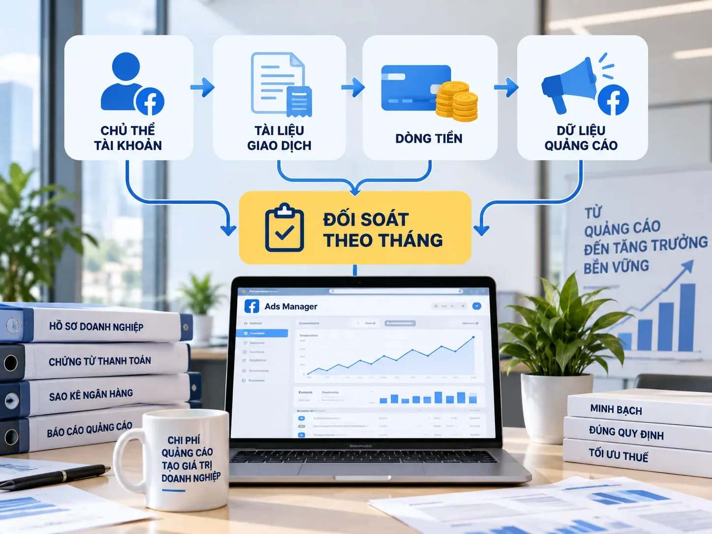 Quy trình nối chủ thể tài khoản, tài liệu giao dịch, dòng tiền và dữ liệu quảng cáo để đối soát theo tháng