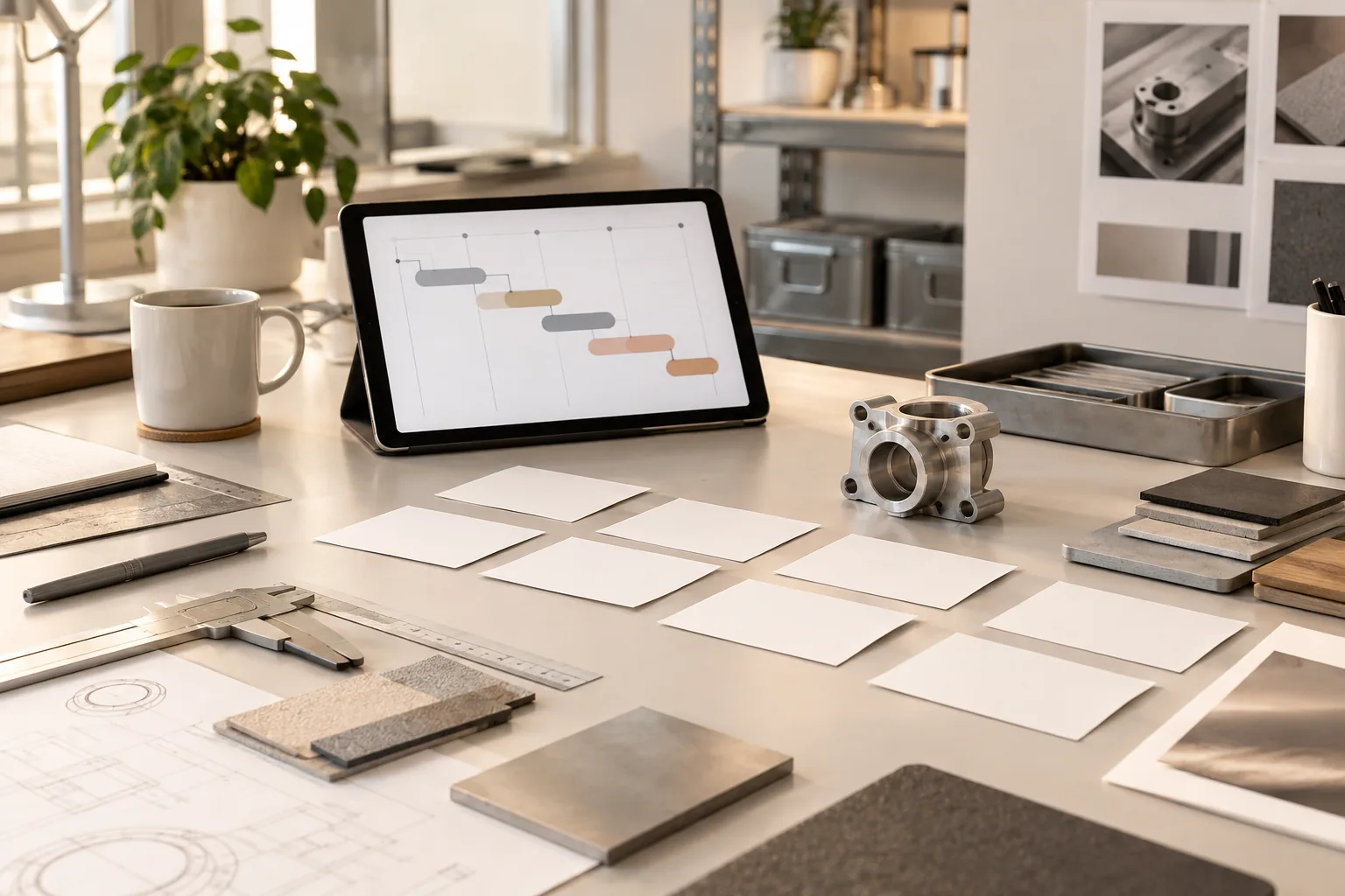 Bàn kế hoạch phối hợp marketing với vật mẫu và thẻ công việc trống