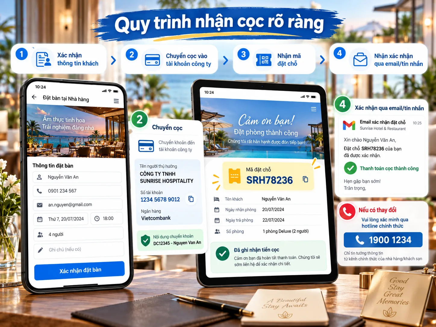 Quy trình nhận cọc an toàn gồm xác nhận khách, tài khoản doanh nghiệp và mã đặt chỗ