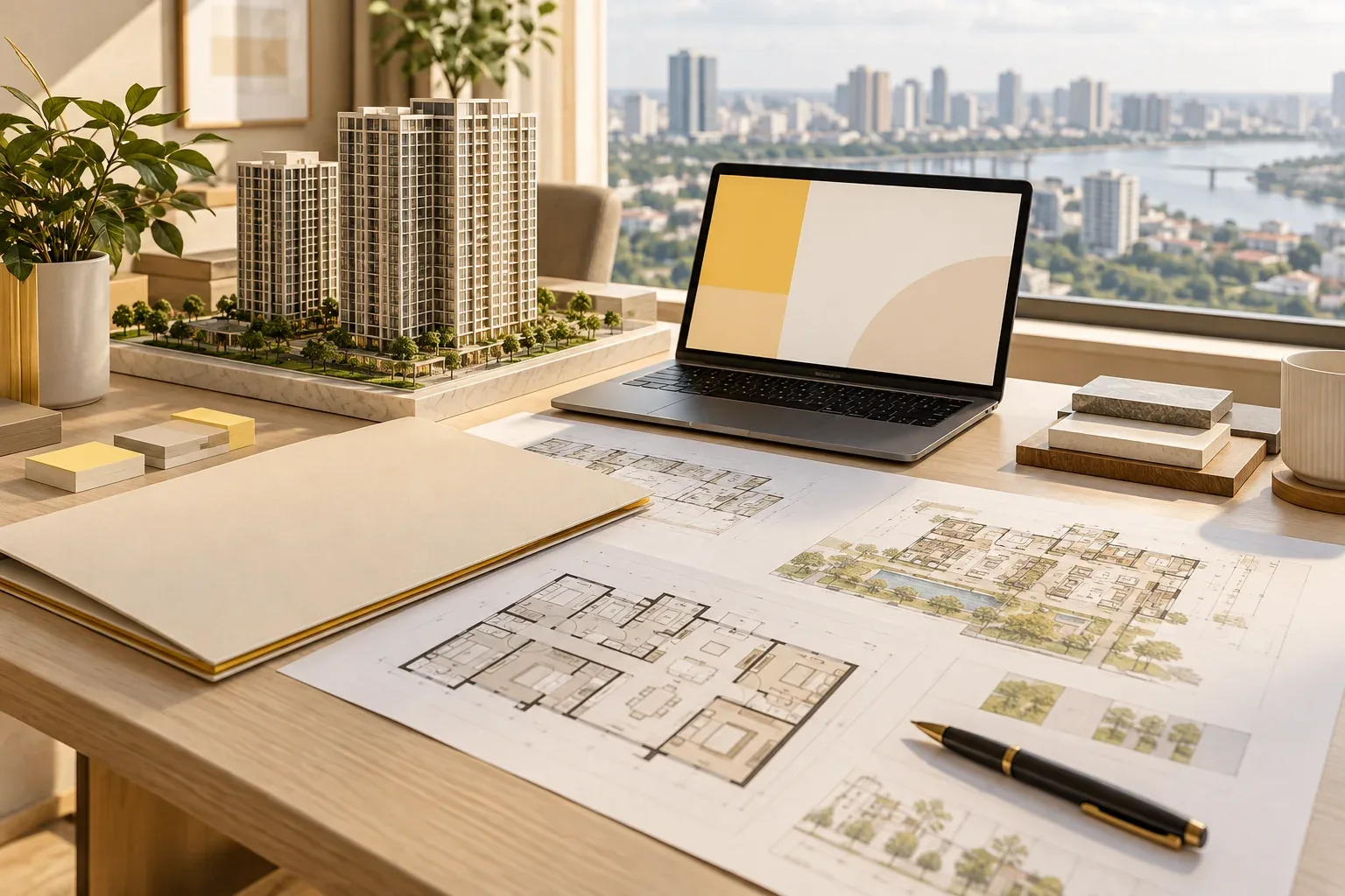 Bàn làm việc với mặt bằng và sa bàn minh họa bước rà thông tin dự án