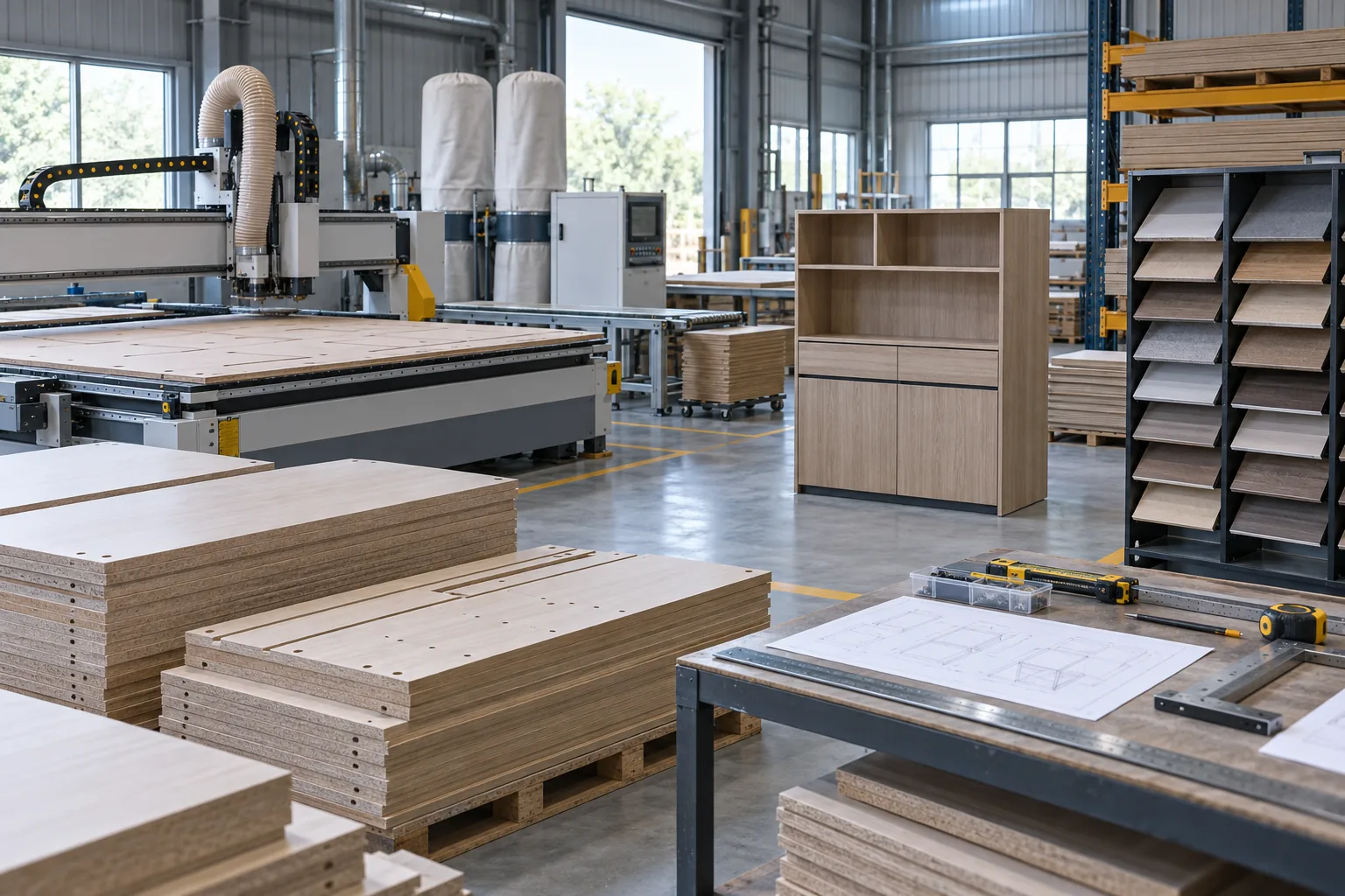 Xưởng sản xuất nội thất với thiết bị gia công gỗ và mẫu tủ