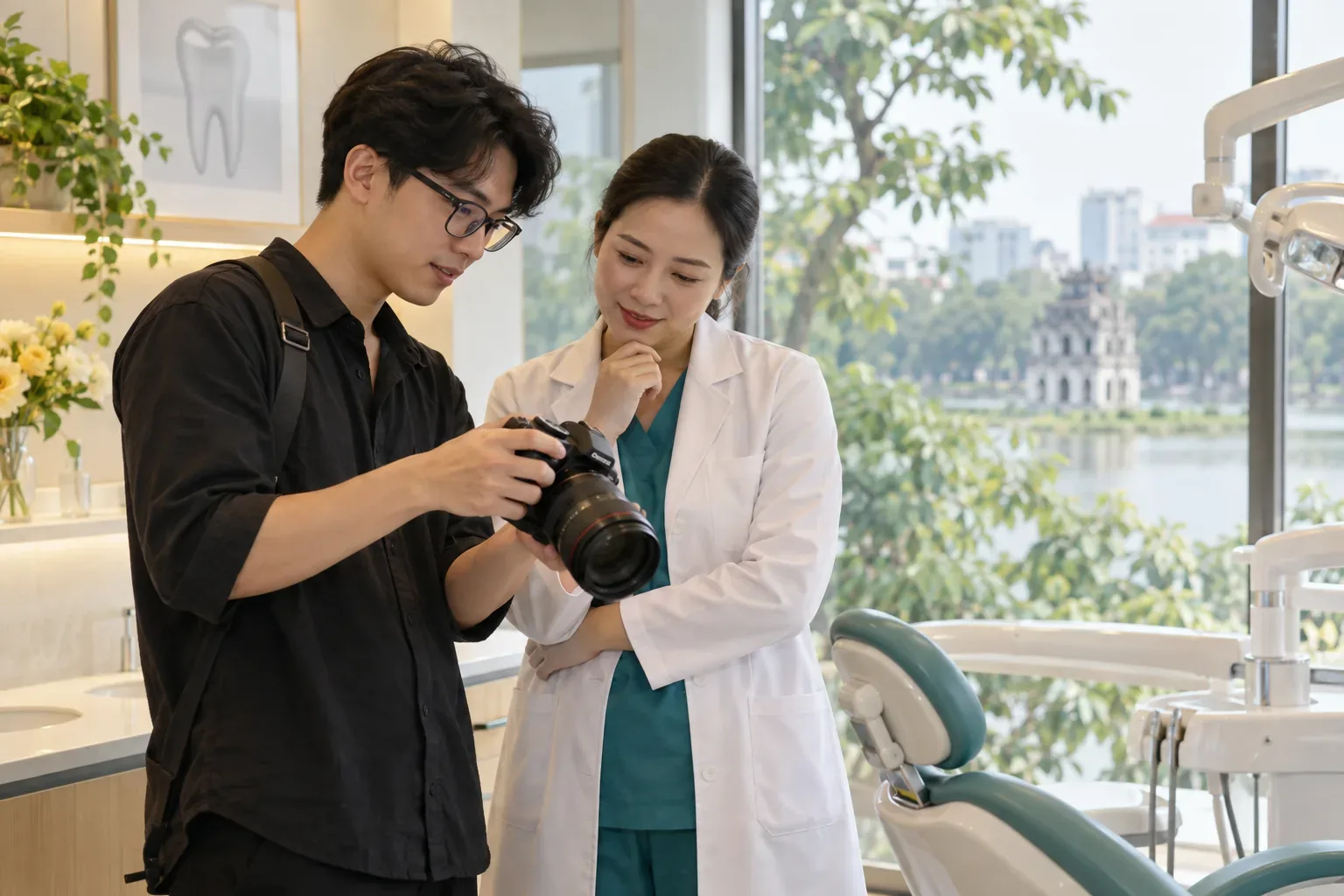 Nhân sự sản xuất nội dung trao đổi ảnh tư liệu với bác sĩ tại phòng khám nha khoa Hà Nội