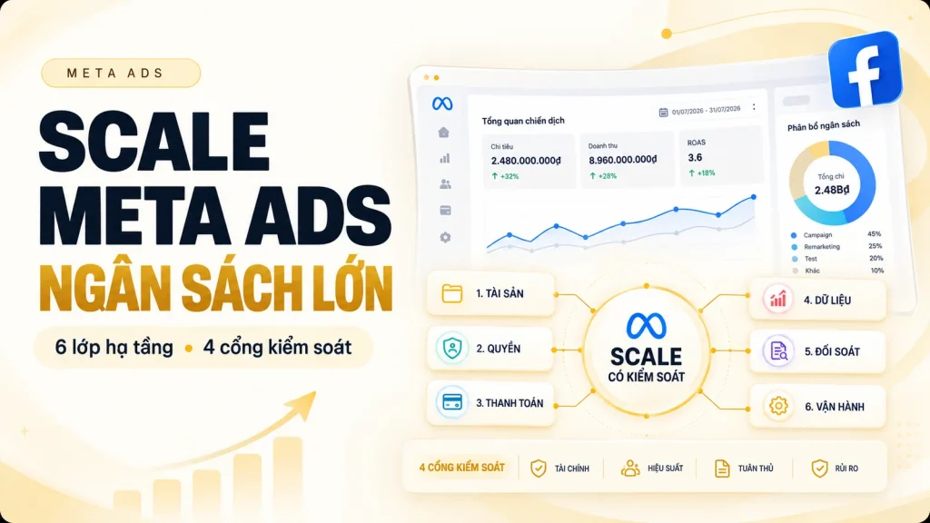 Infographic sáu lớp hạ tầng và bốn cổng kiểm soát khi chạy Meta Ads ngân sách lớn