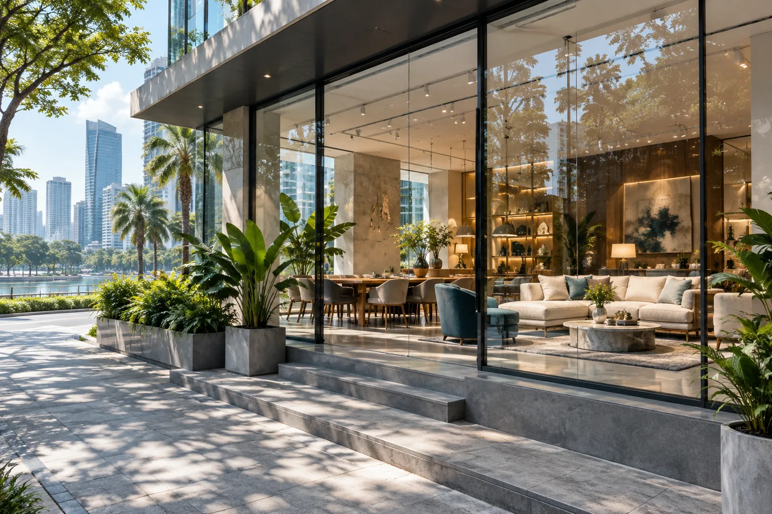 Mặt tiền showroom nội thất trong một bối cảnh đô thị nhiều cây xanh