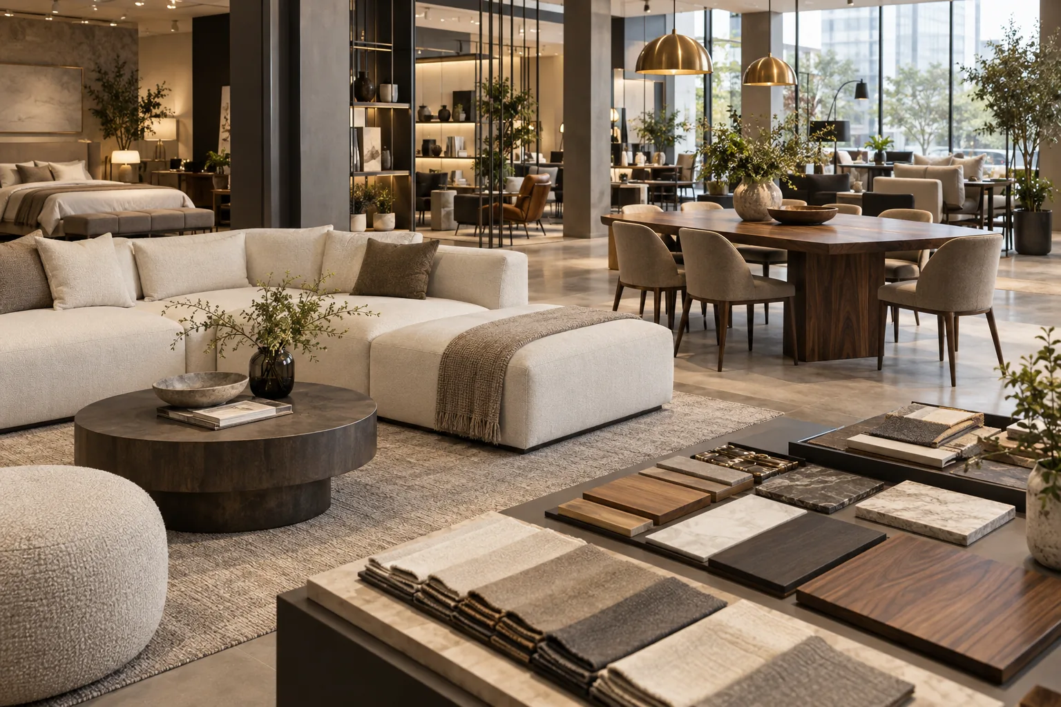 Không gian trưng bày sofa, bàn ăn và mẫu vật liệu tại showroom nội thất