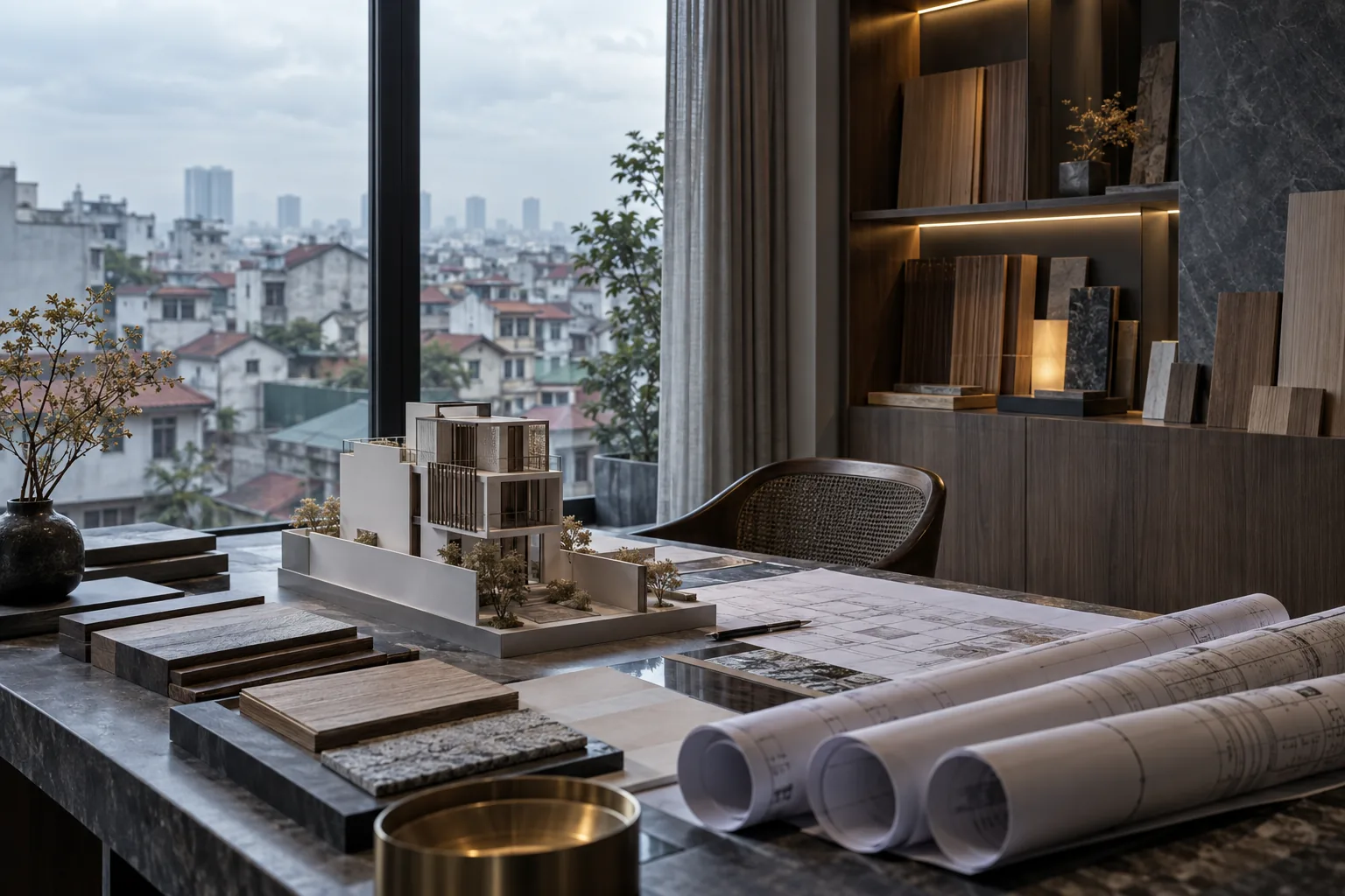 Bàn làm việc studio kiến trúc với mô hình công trình, bản vẽ và mẫu vật liệu