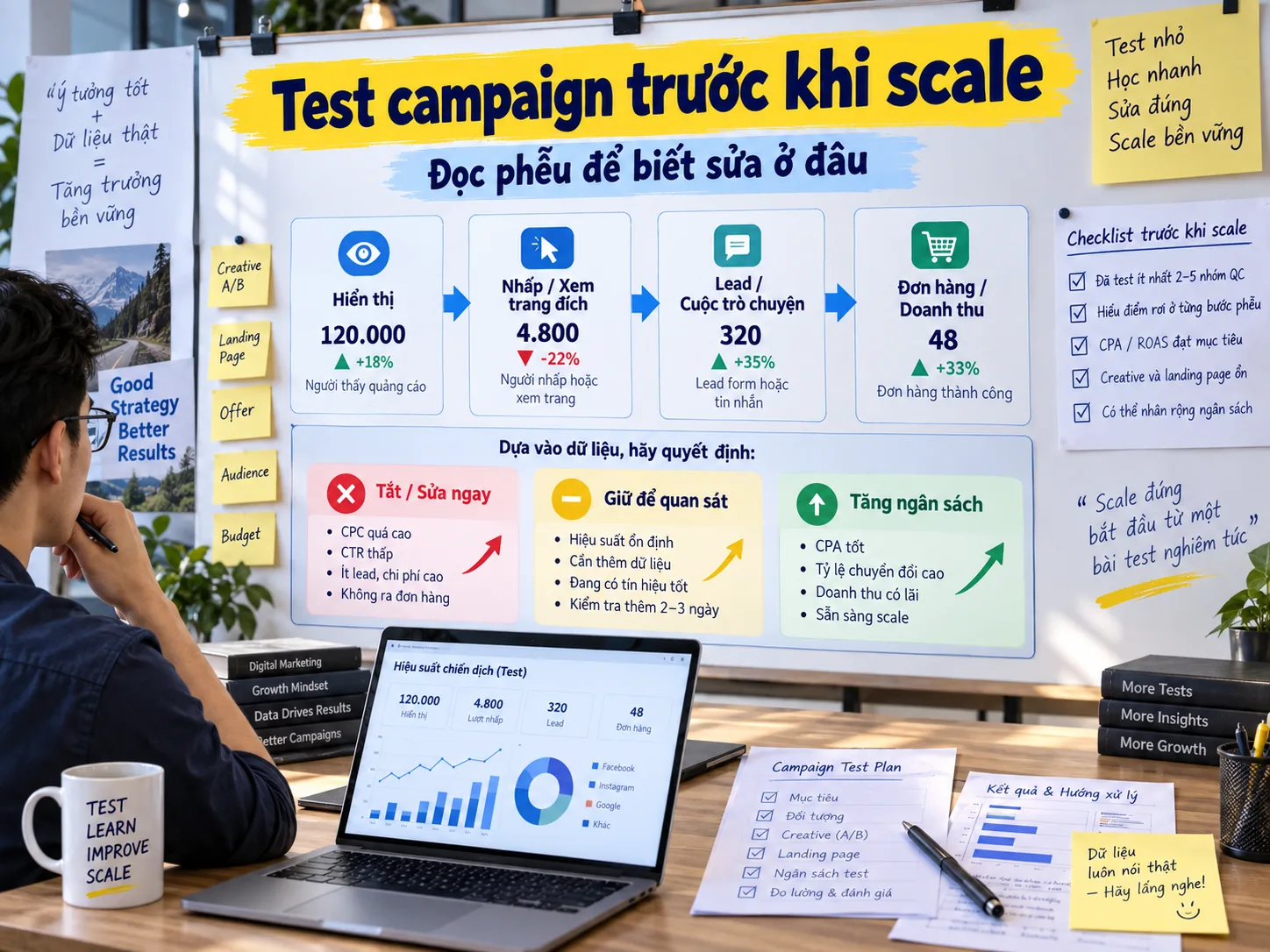 Phễu test campaign Facebook Ads trước khi tăng ngân sách