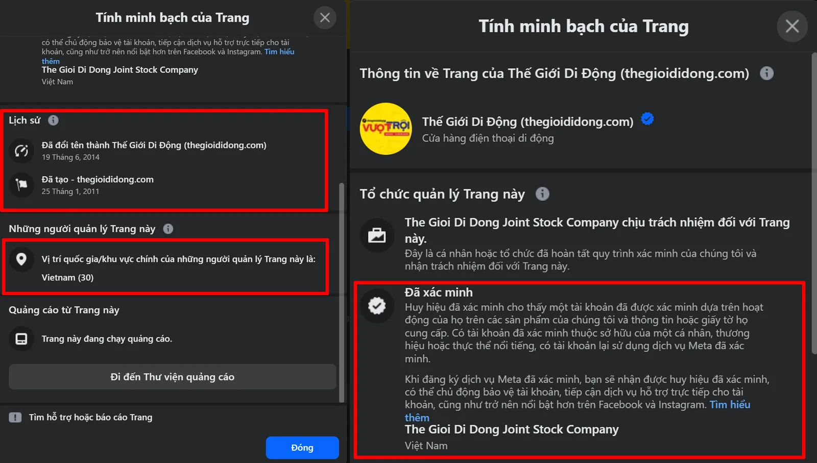 Ví dụ dữ liệu lịch sử, khu vực quản trị và tổ chức quản lý trong Tính minh bạch của Trang