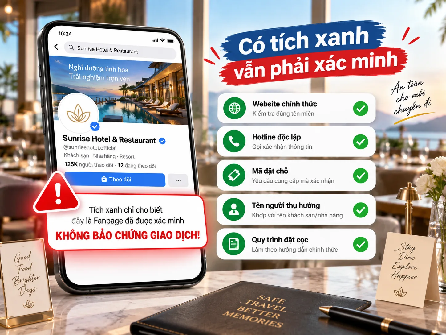 Có tích xanh vẫn phải xác minh website, hotline, mã đặt chỗ và người thụ hưởng
