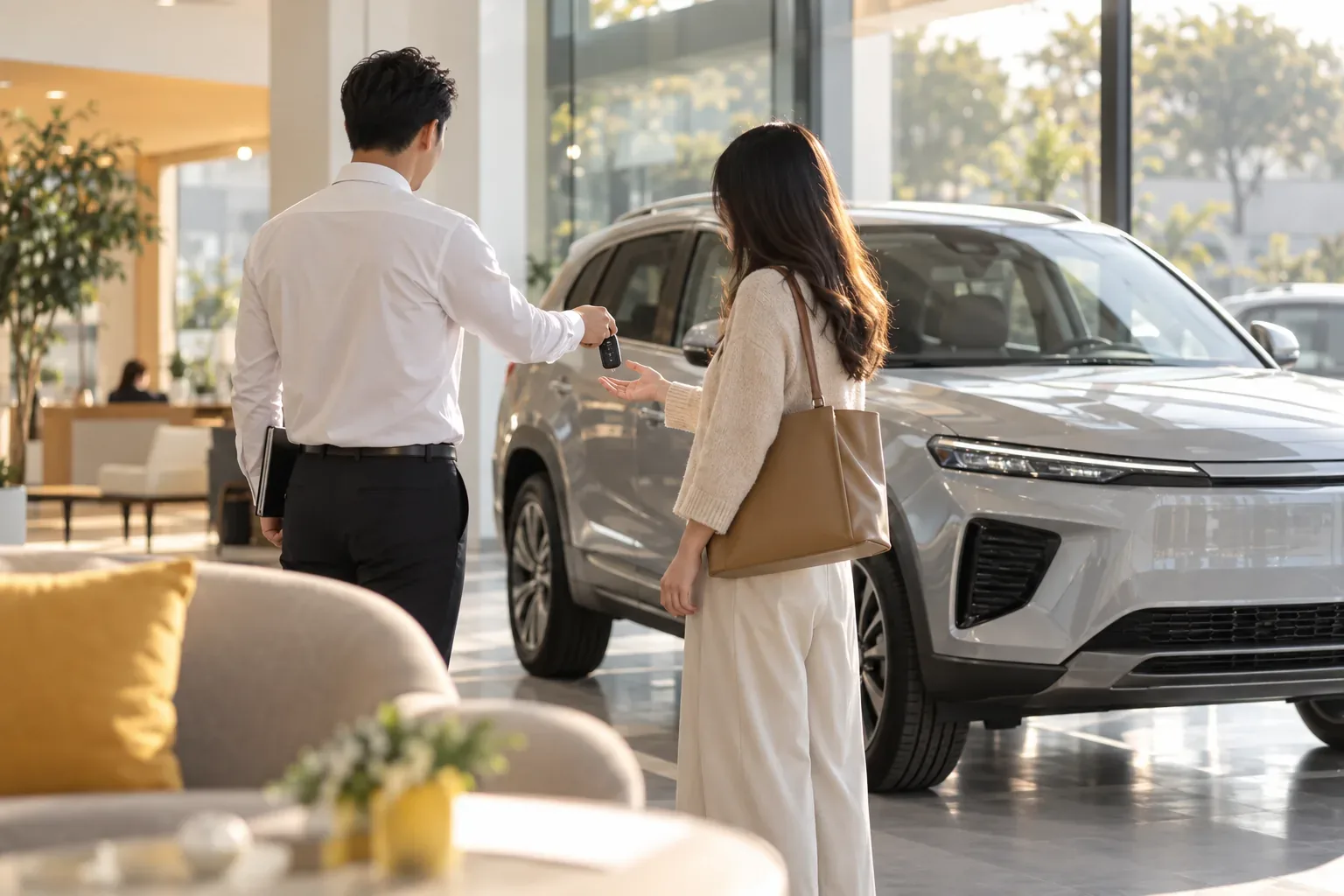 Bàn giao chìa khóa minh họa trải nghiệm đặt lịch lái thử tại showroom ô tô