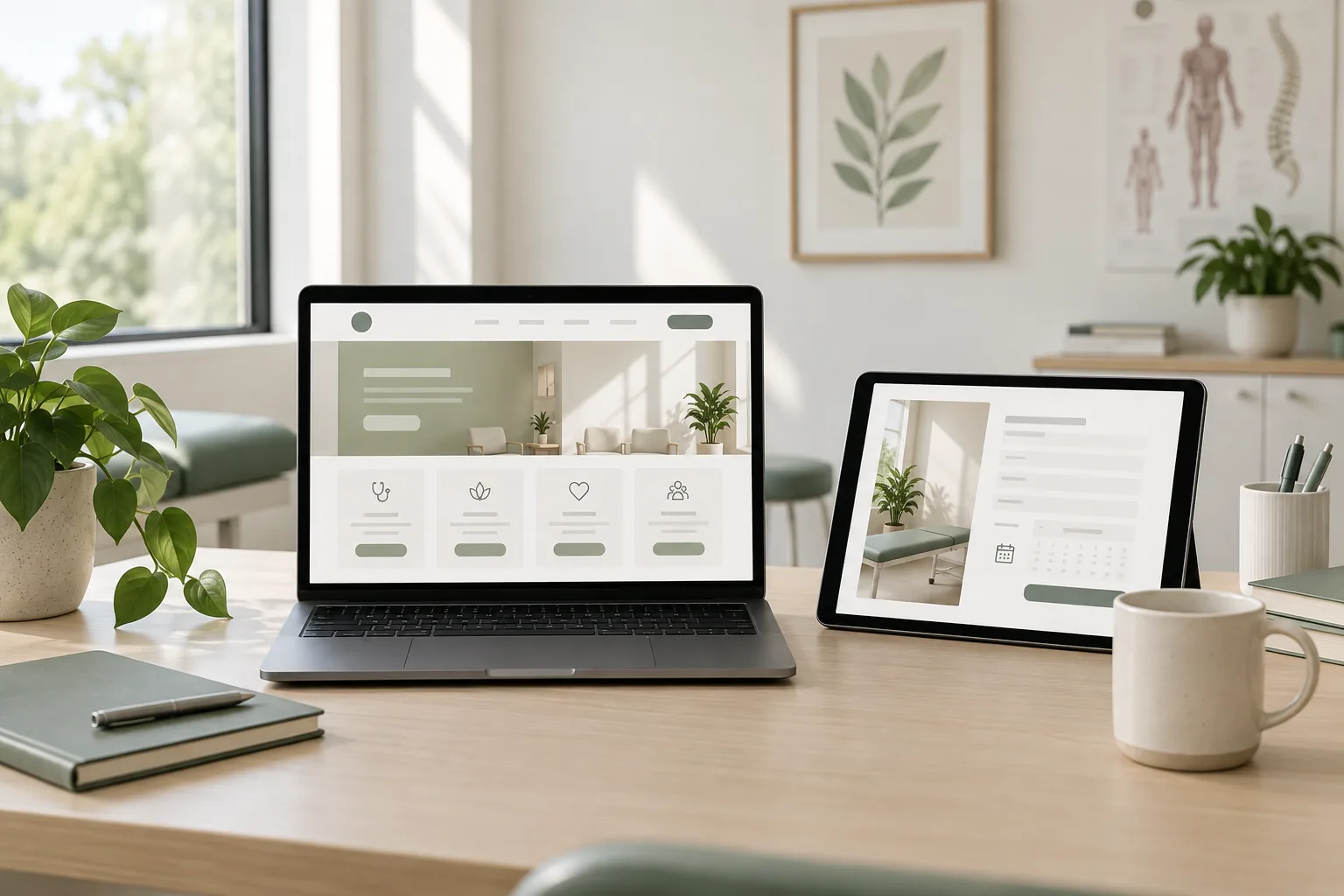 Thiết bị hiển thị cấu trúc website và trang dịch vụ phòng khám, hình minh họa
