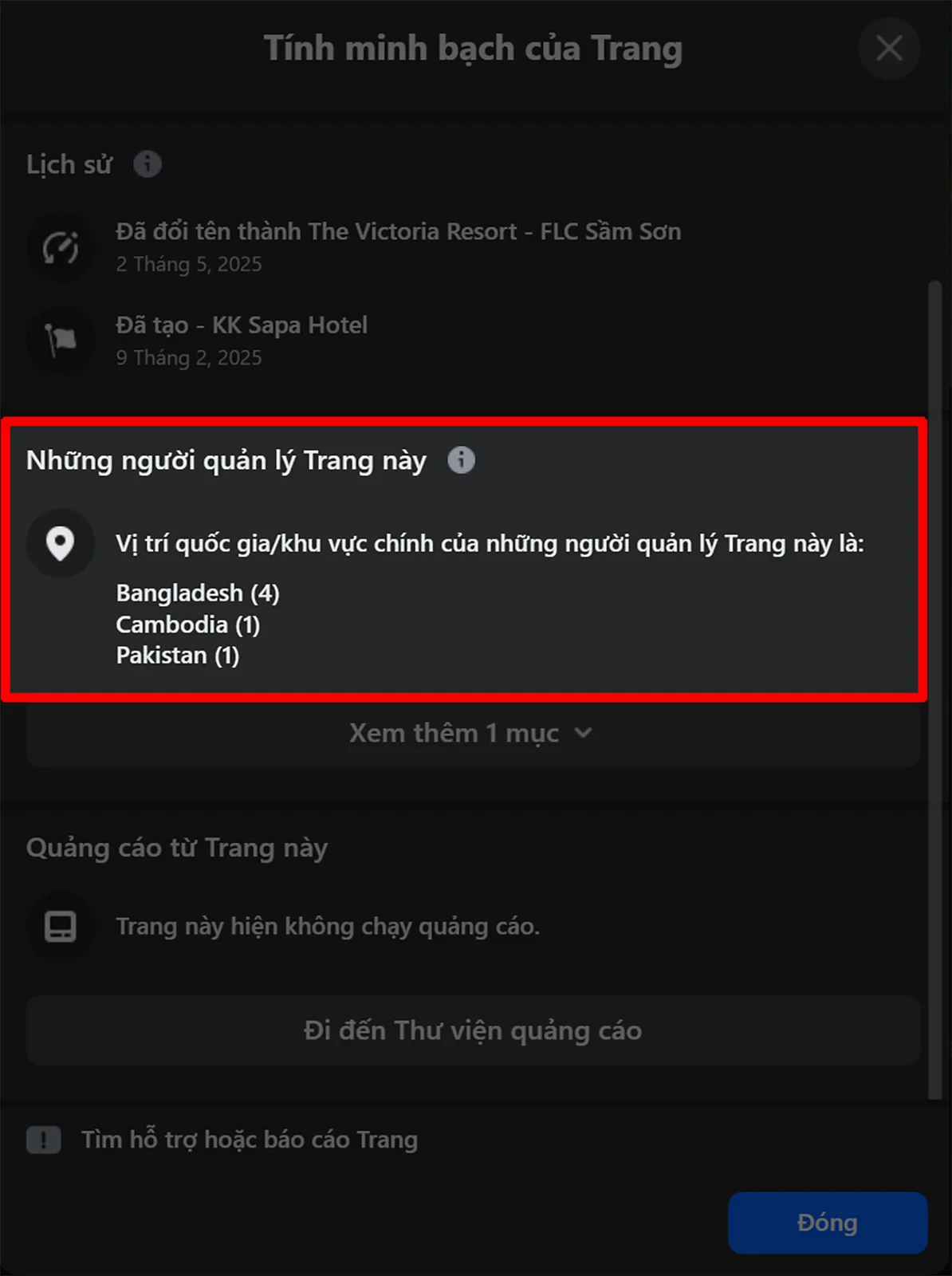 Ví dụ mục Tính minh bạch hiển thị vị trí quản trị viên Fanpage ở nhiều quốc gia