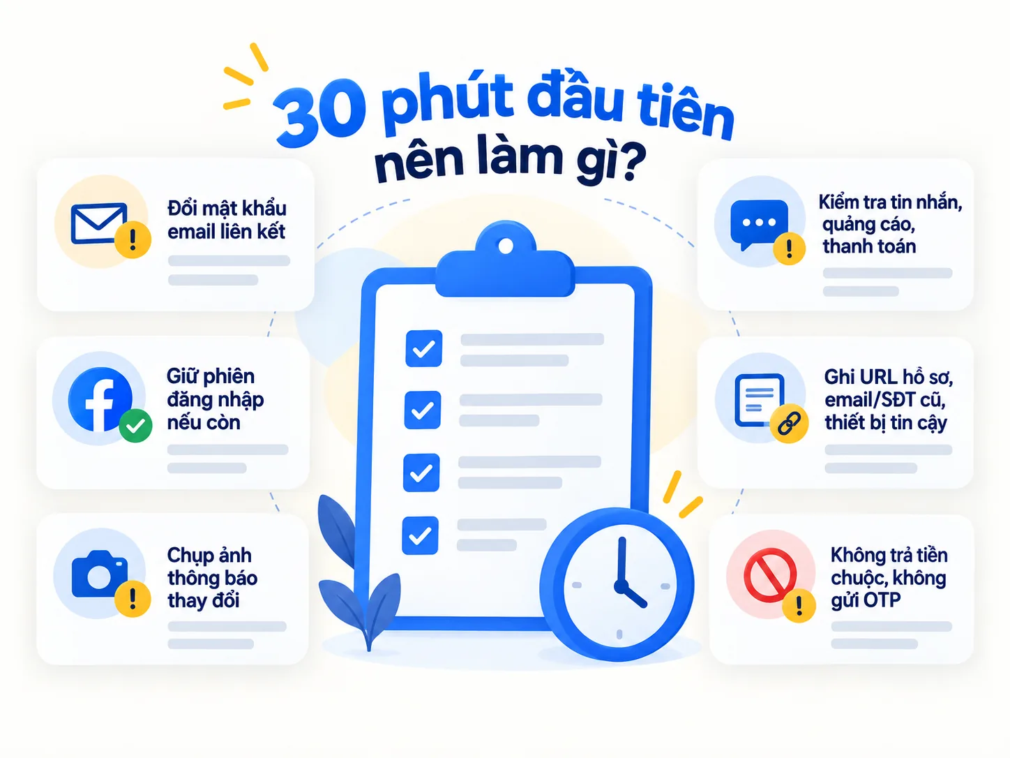 Checklist việc cần làm trong 30 phút đầu khi phát hiện Facebook bị hack