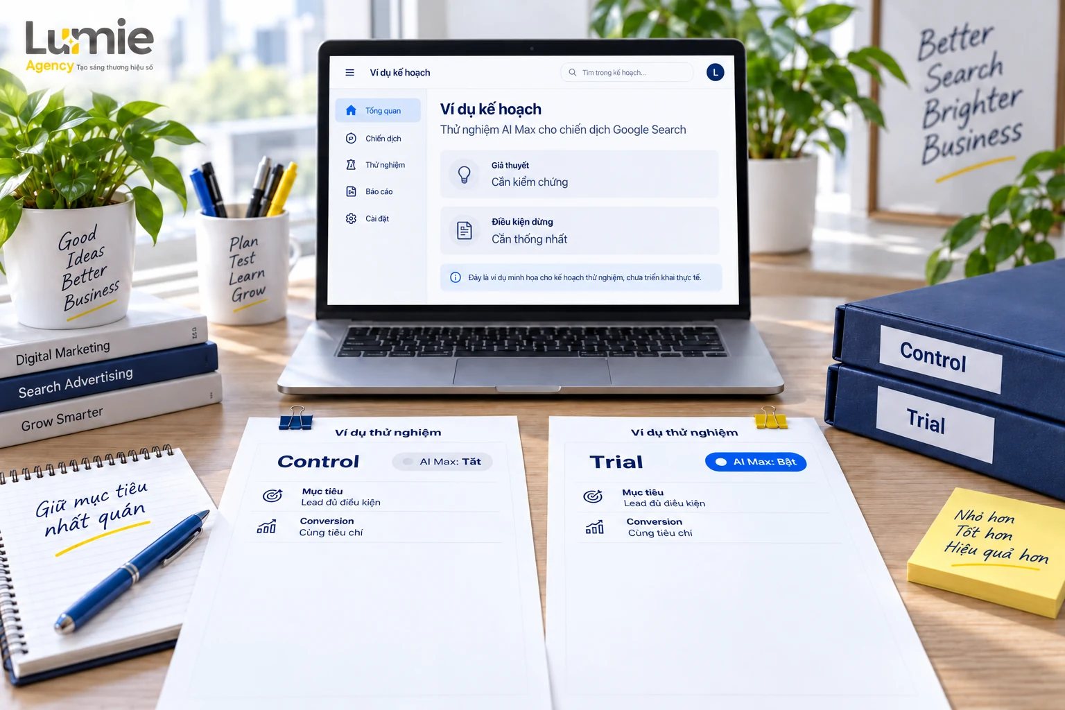 Hai hồ sơ control và trial với cùng mục tiêu nhưng cấu hình AI Max khác nhau