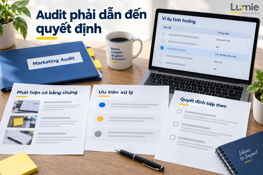 Ba tài liệu audit gồm phát hiện có bằng chứng, ưu tiên xử lý và quyết định tiếp theo