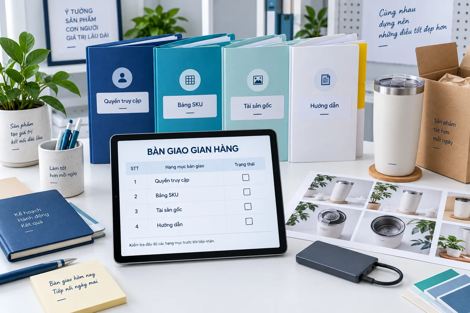 Bộ bàn giao quyền truy cập, bảng SKU, tài sản gốc và hướng dẫn