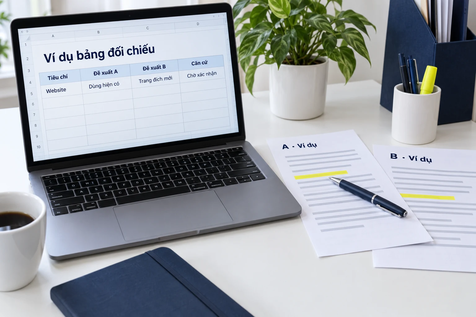 Bảng đối chiếu đề xuất A và B với cột căn cứ và trạng thái cần xác nhận