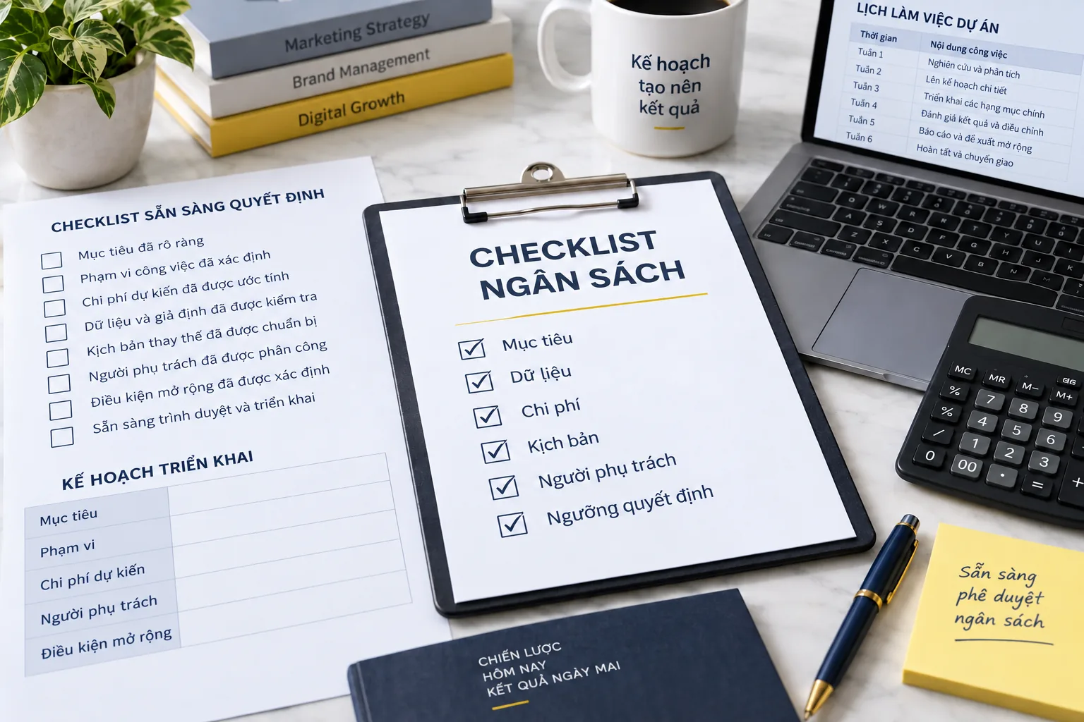 Checklist mục tiêu, dữ liệu, chi phí, kịch bản, người phụ trách và ngưỡng quyết định