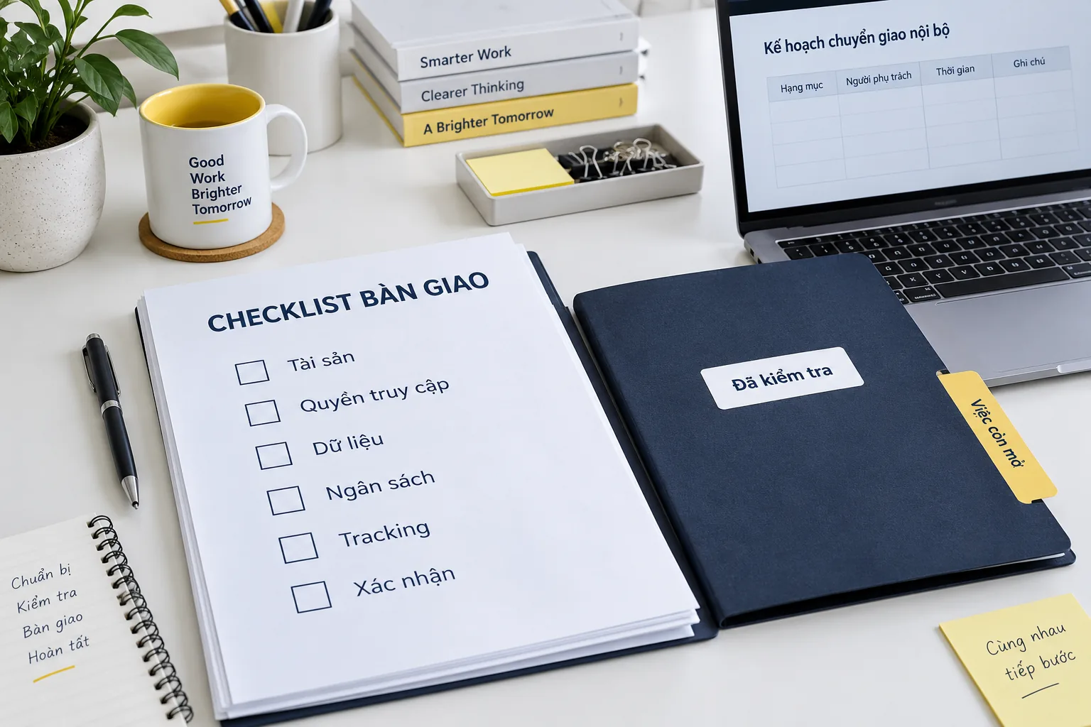 Checklist tài sản, quyền truy cập, dữ liệu, ngân sách, tracking và xác nhận