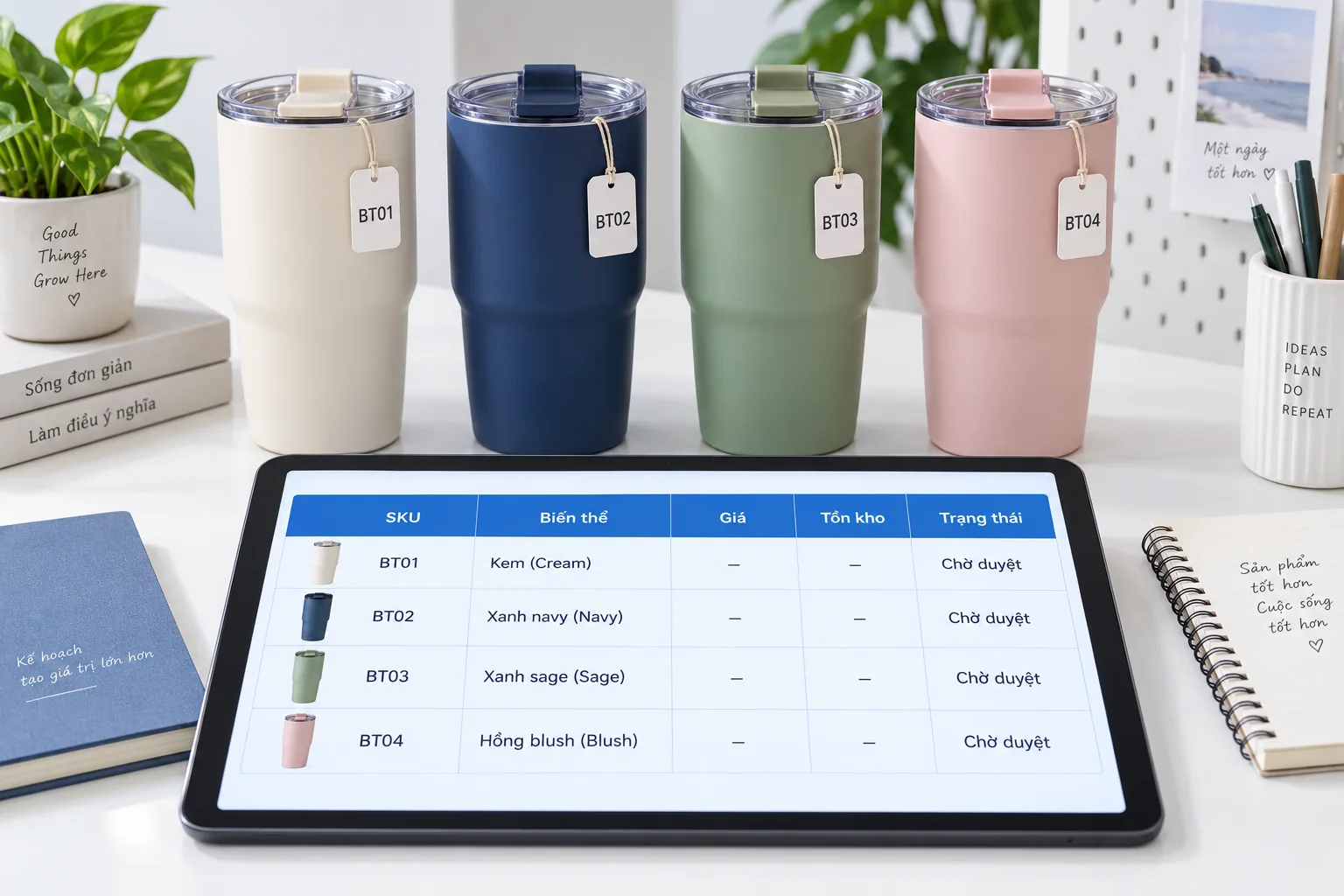 Các màu bình giữ nhiệt và bảng nguồn SKU, biến thể, giá, tồn kho