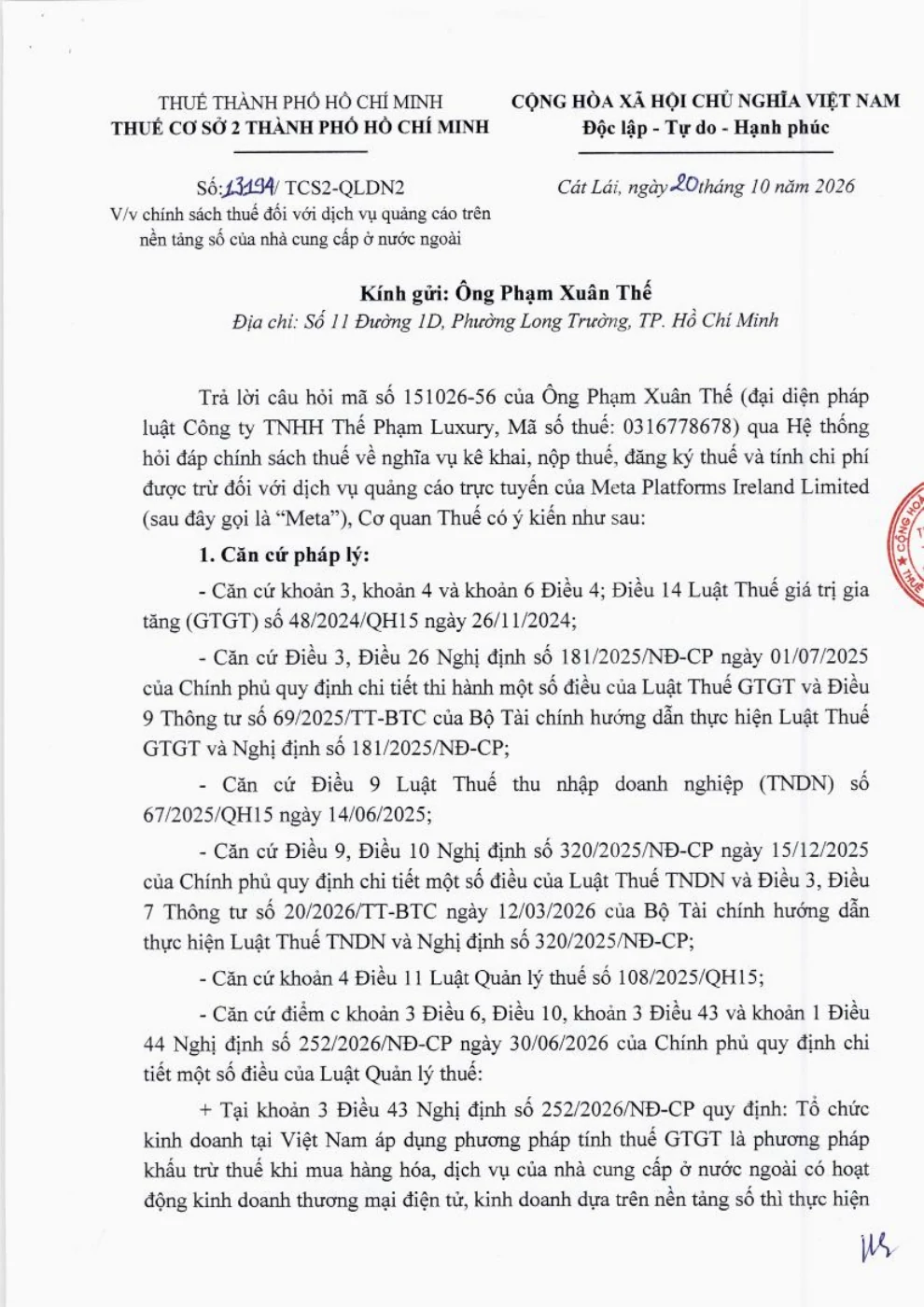 Công văn 13194/TCS2-QLDN2 về thuế quảng cáo Meta — trang 1 trên 5
