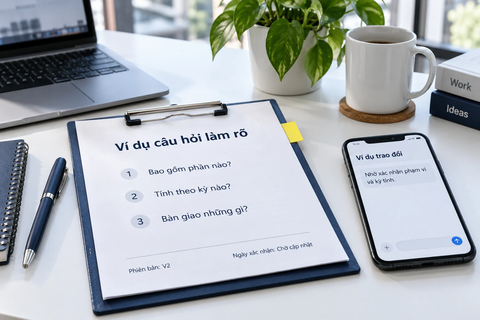 Phiếu làm rõ đề xuất marketing với câu hỏi về phạm vi, kỳ tính và bàn giao