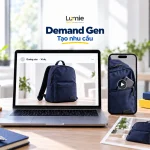 Demand Gen với cảnh xem creative sản phẩm trên laptop và video dọc trên điện thoại