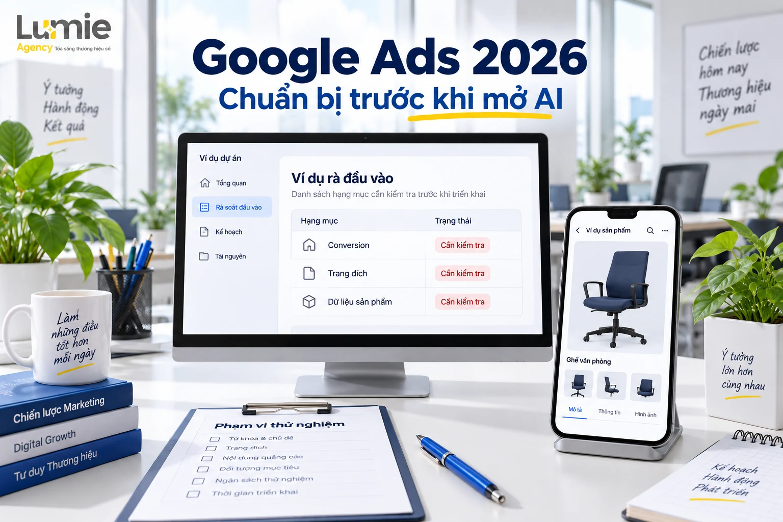 Bàn rà soát đầu vào Google Ads với conversion, trang đích và dữ liệu sản phẩm