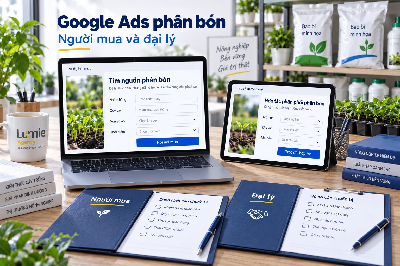 Cảnh minh họa hai nhu cầu mua phân bón để sử dụng và hợp tác đại lý