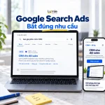 Google Search Ads với truy vấn CRM và trang đích mẫu trên bàn làm việc sáng