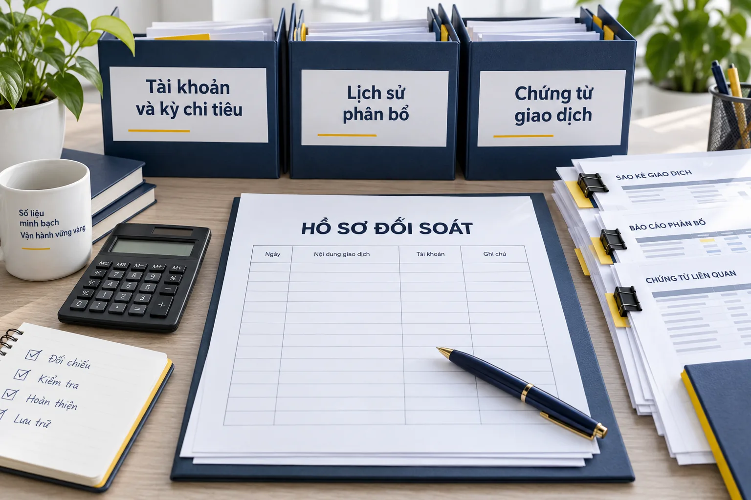 Tài khoản, kỳ chi tiêu, lịch sử phân bổ và chứng từ giao dịch trong bộ hồ sơ đối soát